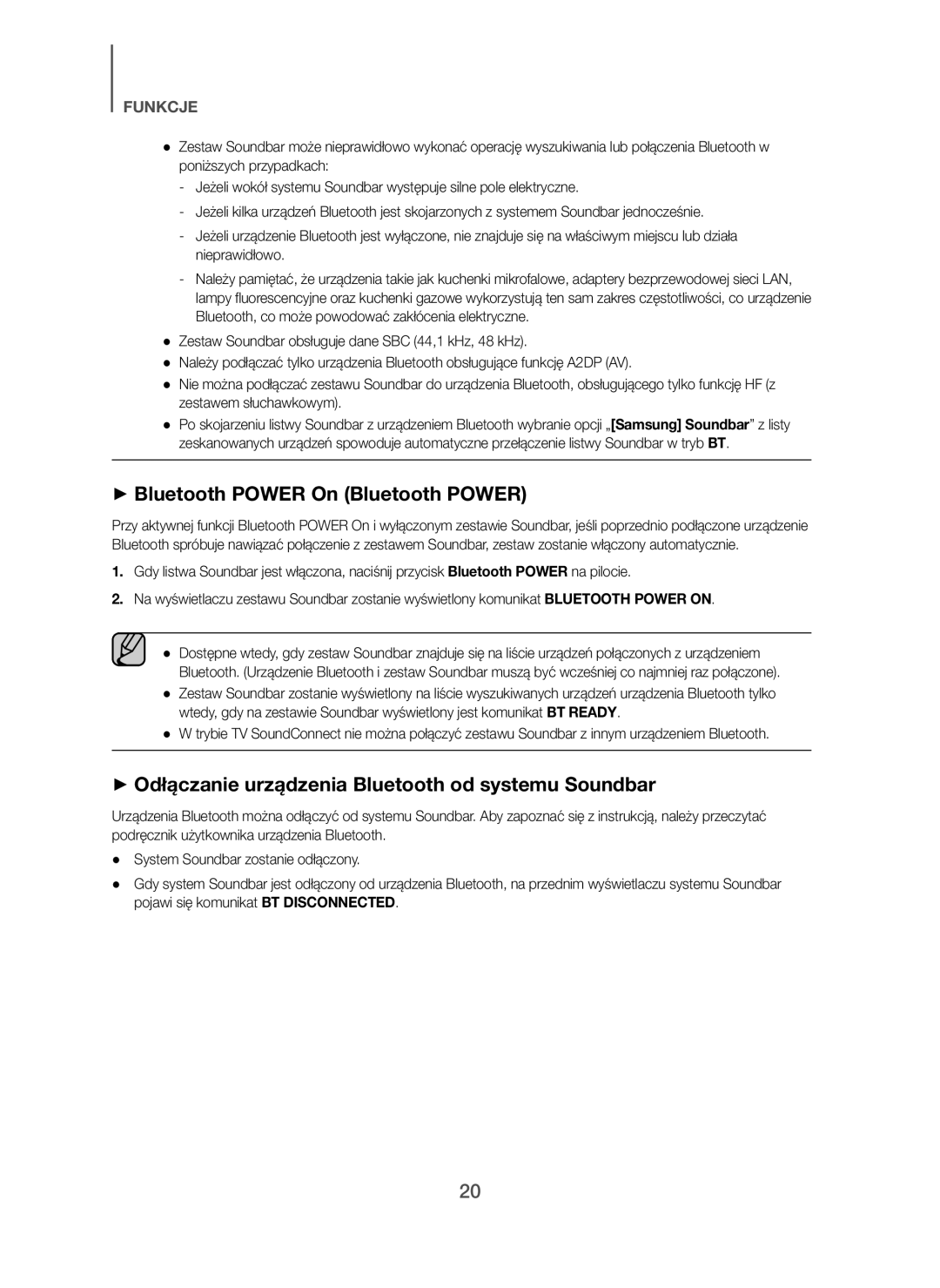 Samsung HW-H7500/TK manual + Bluetooth Power On Bluetooth Power, + Odłączanie urządzenia Bluetooth od systemu Soundbar 