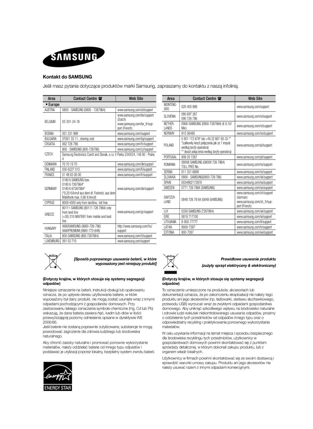 Samsung HW-H7500/EN, HW-H7501/EN, HW-H7500/TK, HW-H7501/ZF, HW-H7500/ZF Kontakt do Samsung, Wyposażony jest niniejszy produkt 