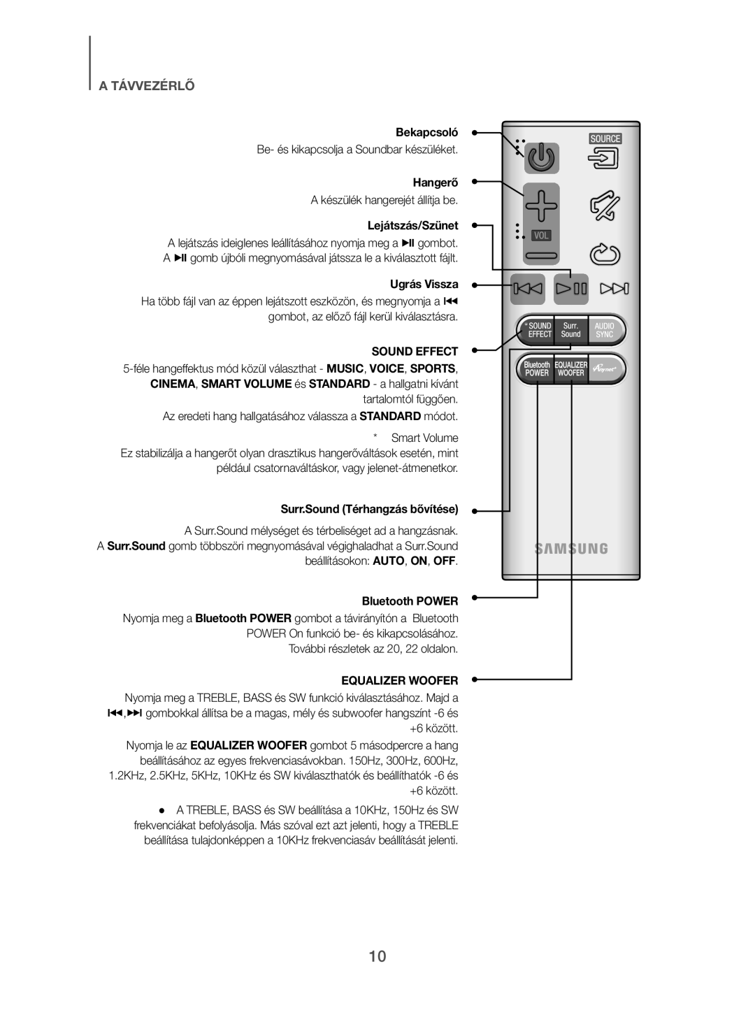 Samsung HW-H7501/EN, HW-H7500/EN manual Bekapcsoló, Hangerő, Lejátszás/Szünet, Ugrás Vissza, Surr.Sound Térhangzás bővítése 