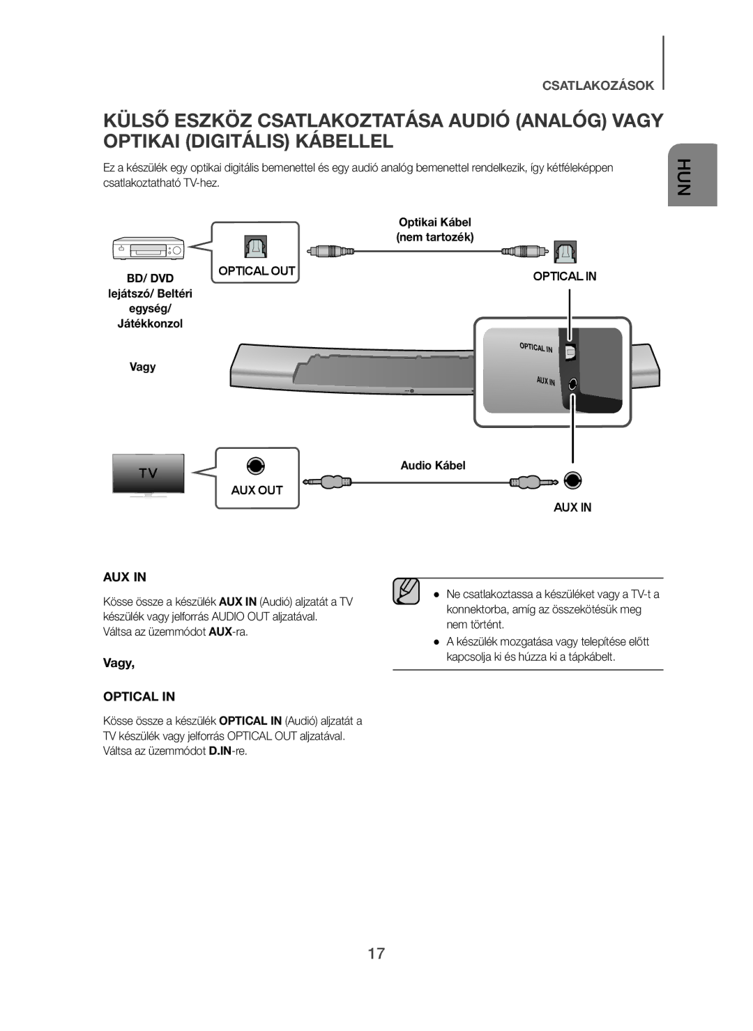 Samsung HW-H7501/XE, HW-H7500/EN, HW-H7501/EN, HW-H7500/TK, HW-H7501/ZF manual Vagy, Váltsa az üzemmódot AUX-ra, Audio Kábel 