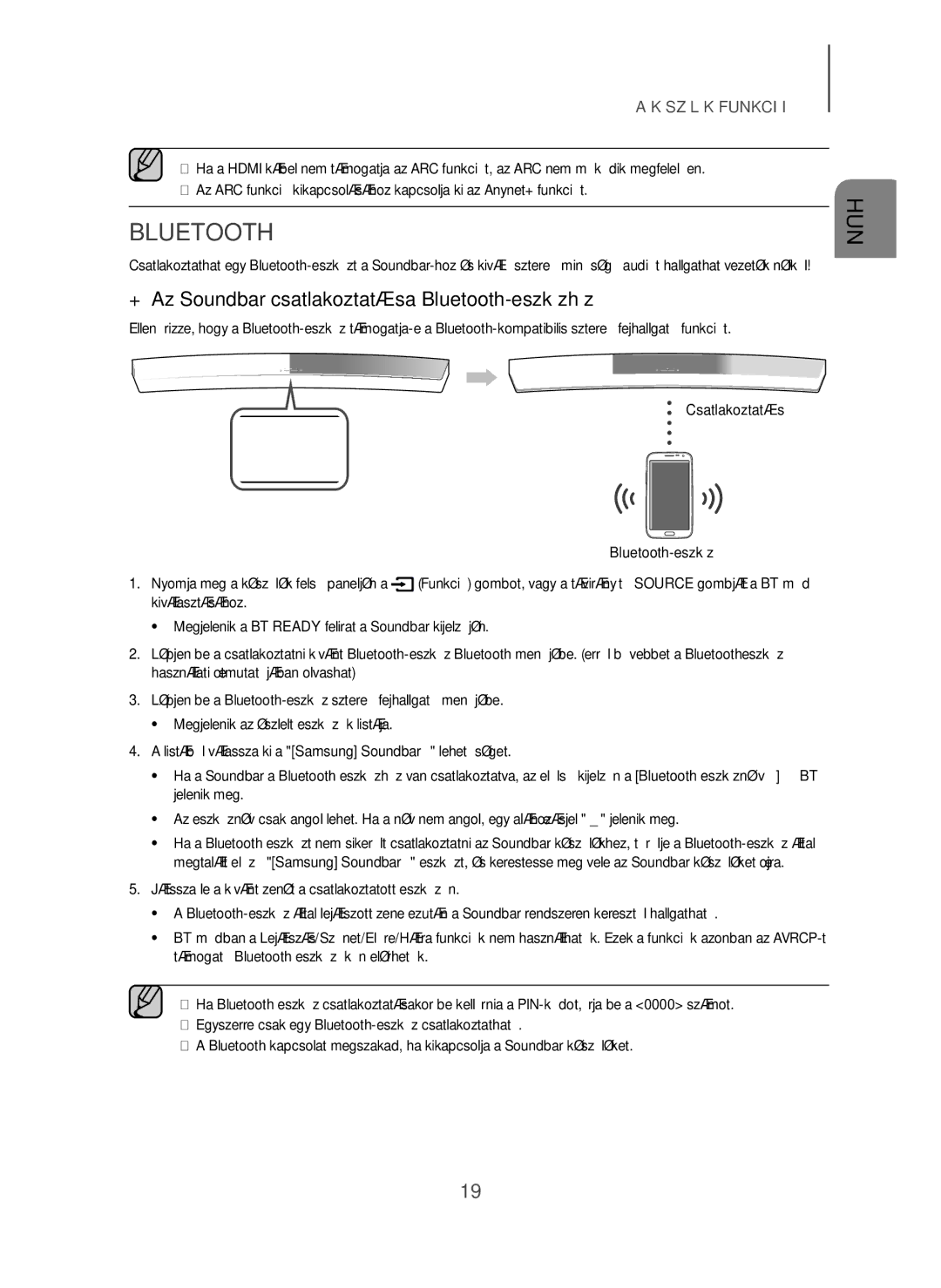 Samsung HW-H7501/EN, HW-H7500/EN manual + Az Soundbar csatlakoztatása Bluetooth-eszközhöz, Csatlakoztatás Bluetooth-eszköz 