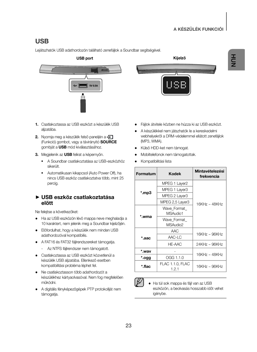 Samsung HW-H7500/XN manual + USB eszköz csatlakoztatása előtt, Csatlakoztassa az USB eszközt a készülék USB aljzatába 