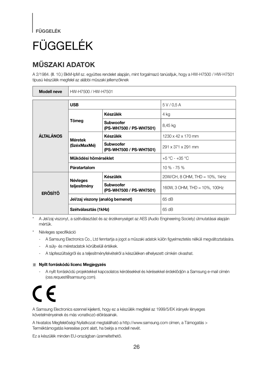 Samsung HW-H7501/XE, HW-H7500/EN, HW-H7501/EN, HW-H7500/TK, HW-H7501/ZF, HW-H7500/ZF, HW-H7500/XN manual Függelék, Műszaki Adatok 