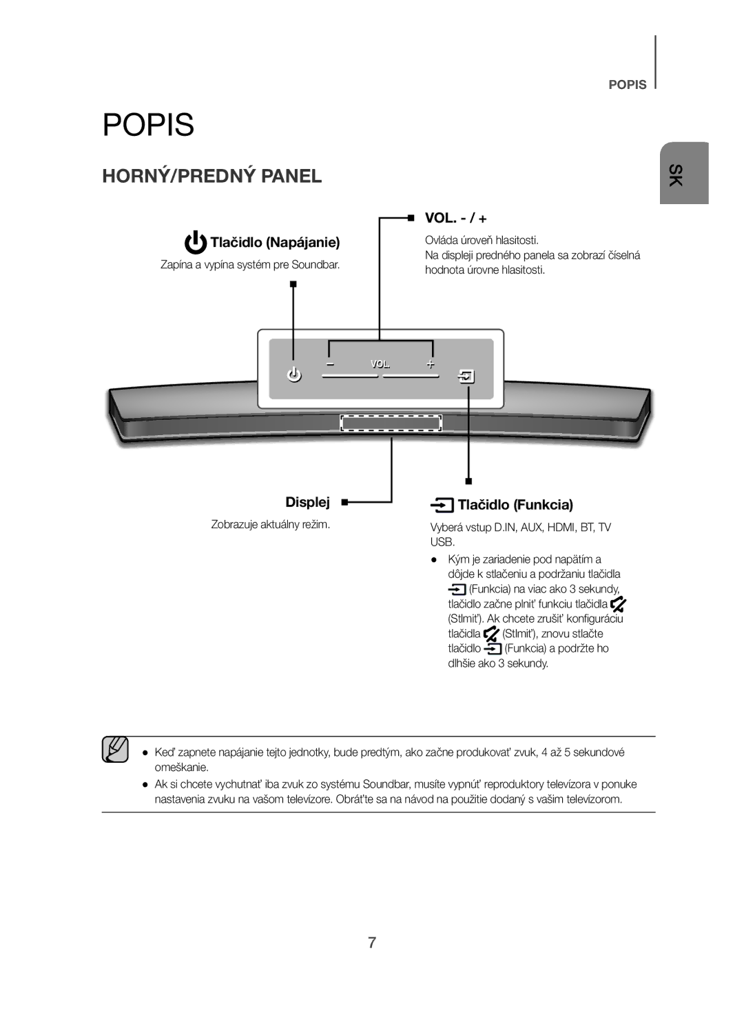 Samsung HW-H7500/XE, HW-H7500/EN, HW-H7501/EN manual Popis, HORNÝ/PREDNÝ Panel, Tlačidlo Napájanie, Displej Tlačidlo Funkcia 