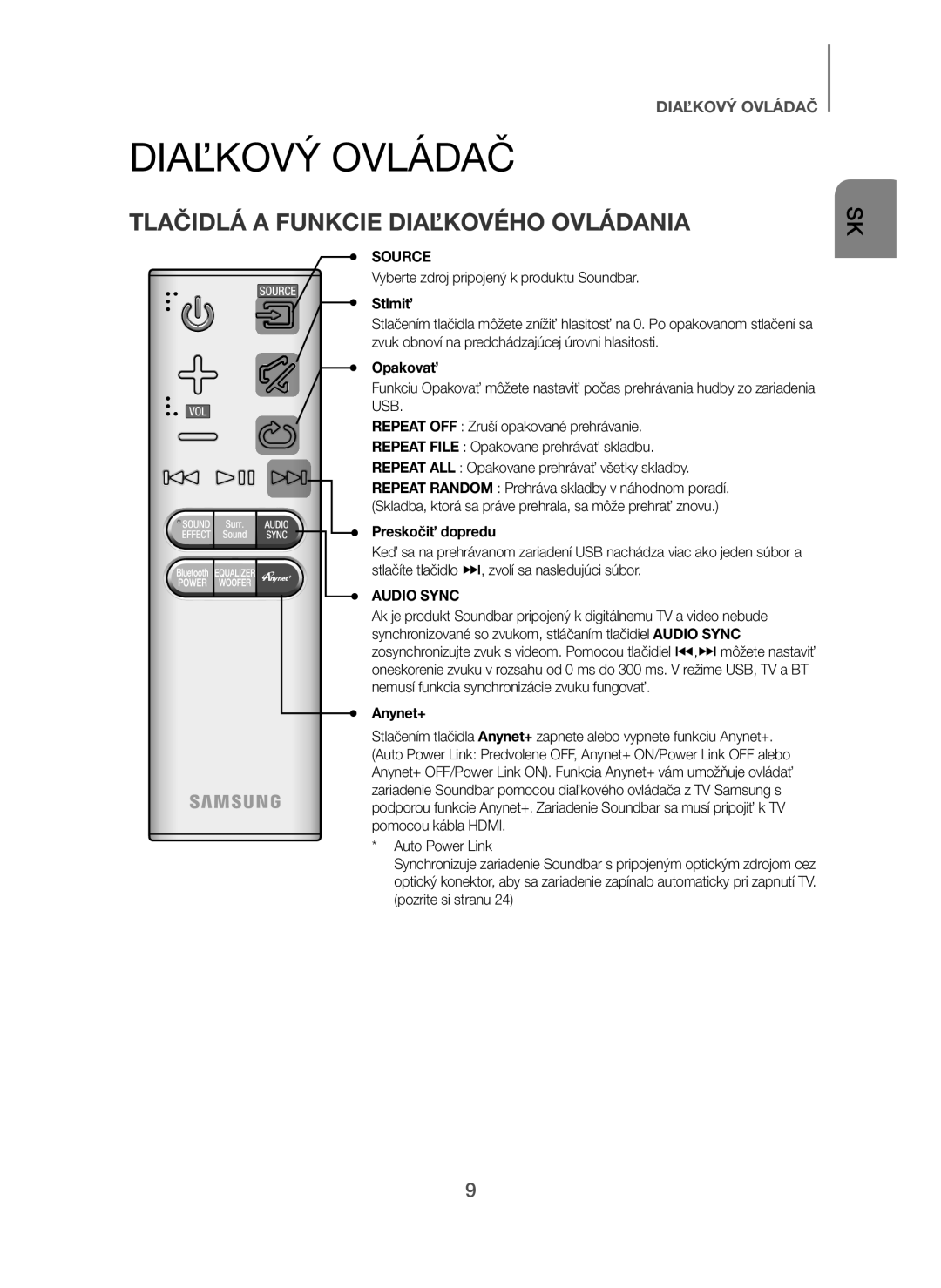 Samsung HW-H7500/EN manual Diaľkový Ovládač, Tlačidlá a Funkcie Diaľkového Ovládania, Stlmiť, Opakovať, Preskočiť dopredu 