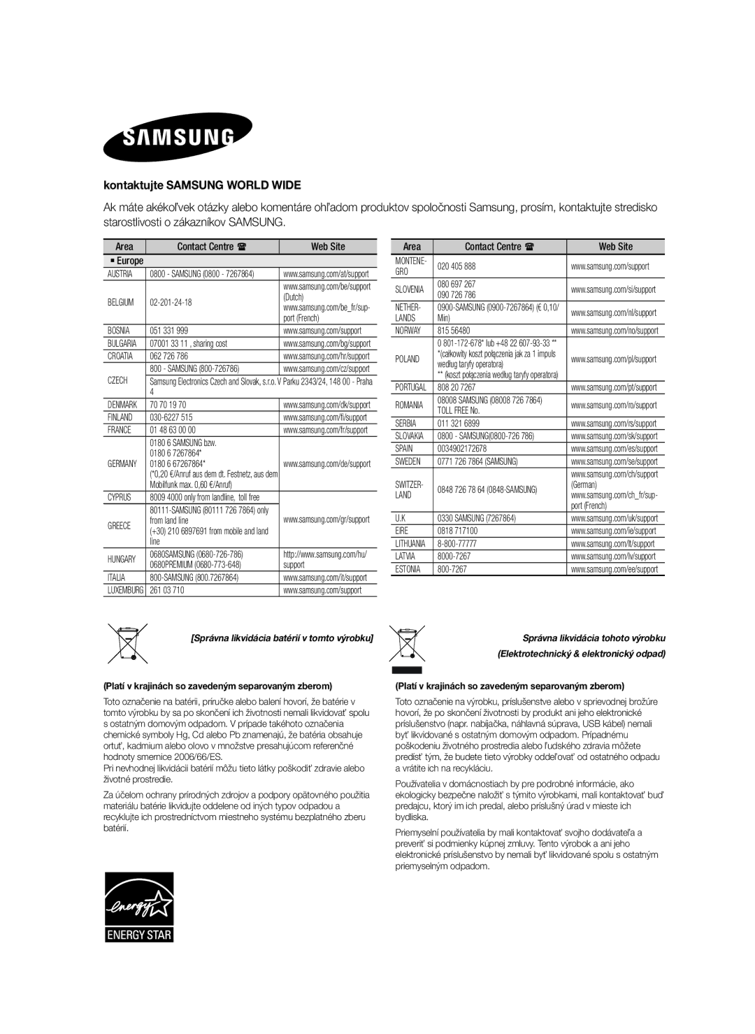 Samsung HW-H7500/EN, HW-H7501/EN, HW-H7500/TK manual Kontaktujte Samsung World Wide, Starostlivosti o zákazníkov Samsung 