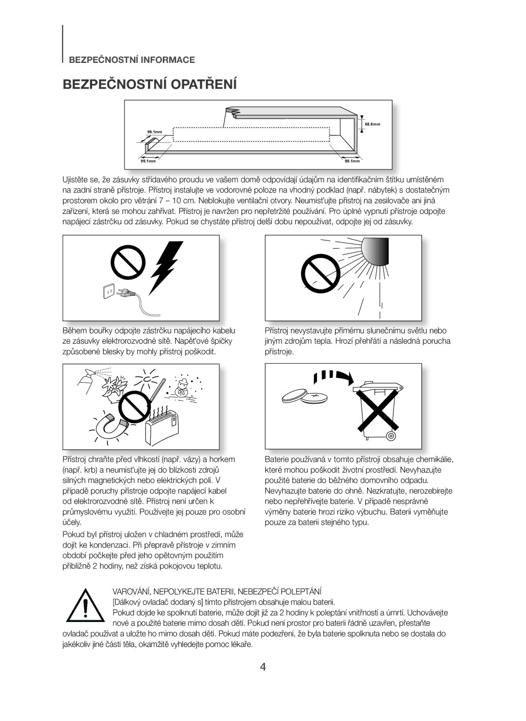 Samsung HW-H7500/ZF, HW-H7500/EN, HW-H7501/EN, HW-H7500/TK, HW-H7501/ZF, HW-H7500/XN, HW-H7501/XN manual Bezpečnostní Opatření 