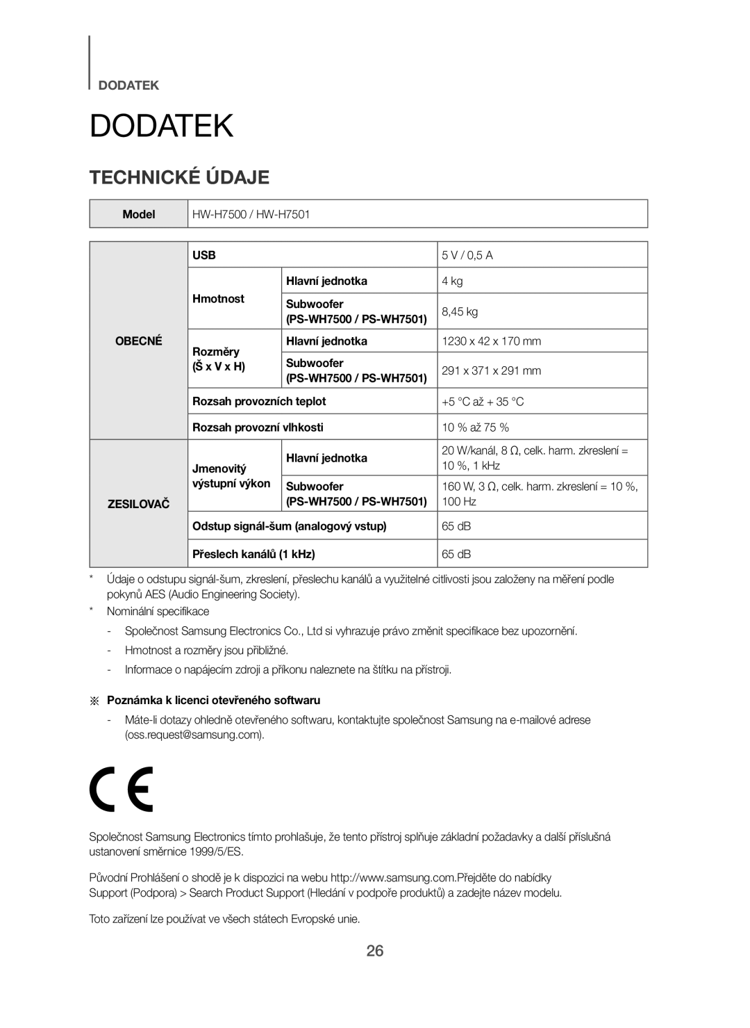 Samsung HW-H7501/XE, HW-H7500/EN Model, Hmotnost Hlavní jednotka Subwoofer 45 kg, Poznámka k licenci otevřeného softwaru 