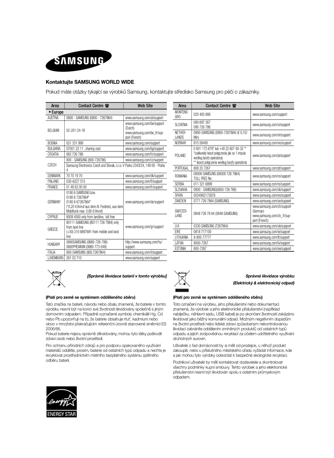 Samsung HW-H7500/EN, HW-H7501/EN, HW-H7500/TK, HW-H7501/ZF, HW-H7500/ZF manual Platí pro země se systémem odděleného sběru 