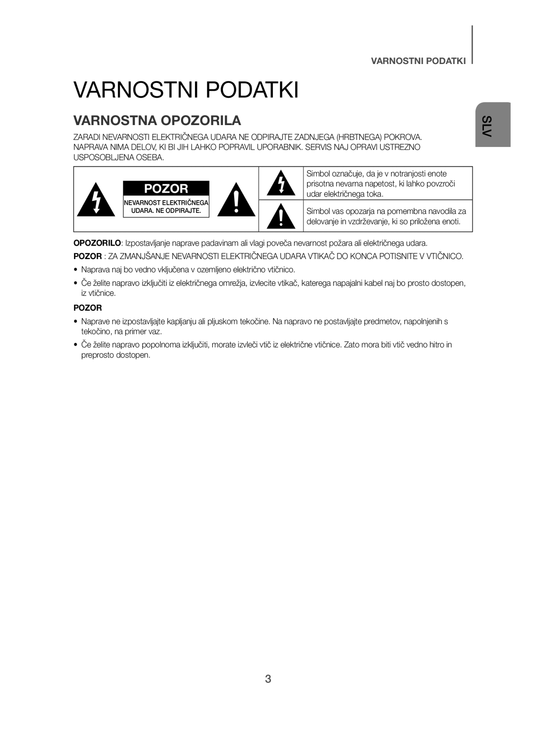 Samsung HW-H7501/ZF, HW-H7500/EN, HW-H7501/EN manual Varnostni Podatki, Varnostna Opozorila, Udar električnega toka, Pozor 