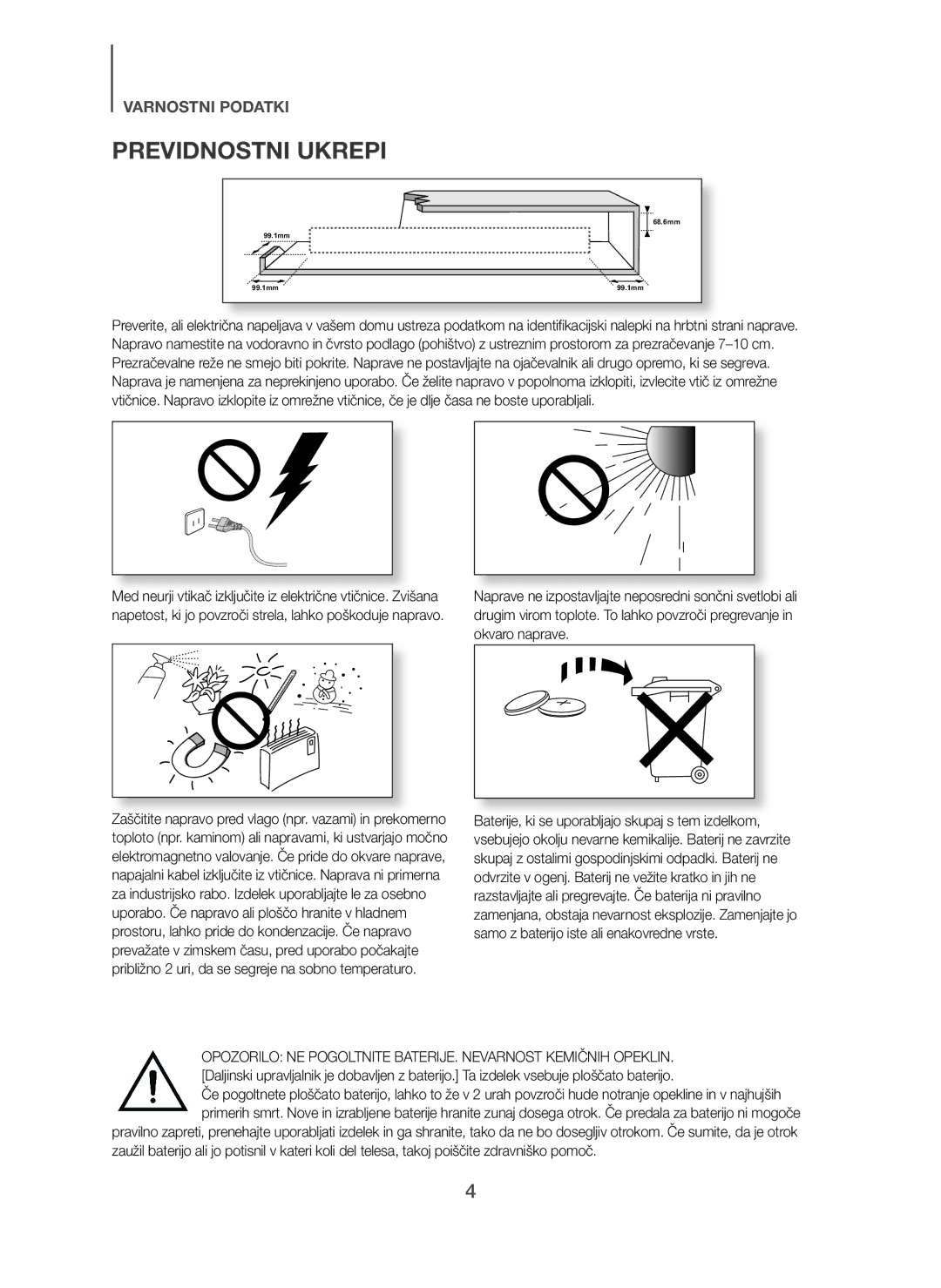 Samsung HW-H7500/ZF, HW-H7500/EN, HW-H7501/EN, HW-H7500/TK, HW-H7501/ZF, HW-H7500/XN, HW-H7501/XN manual Previdnostni Ukrepi 