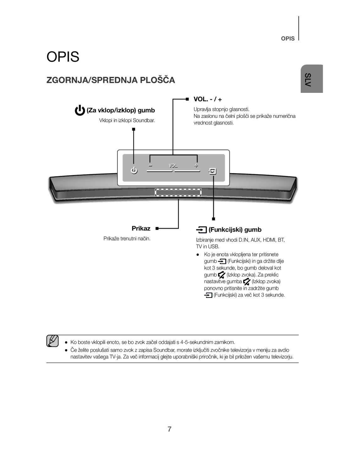 Samsung HW-H7500/XE, HW-H7500/EN, HW-H7501/EN Opis, ZGORNJA/SPREDNJA Plošča, Za vklop/izklop gumb, Prikaz, Funkcijski gumb 