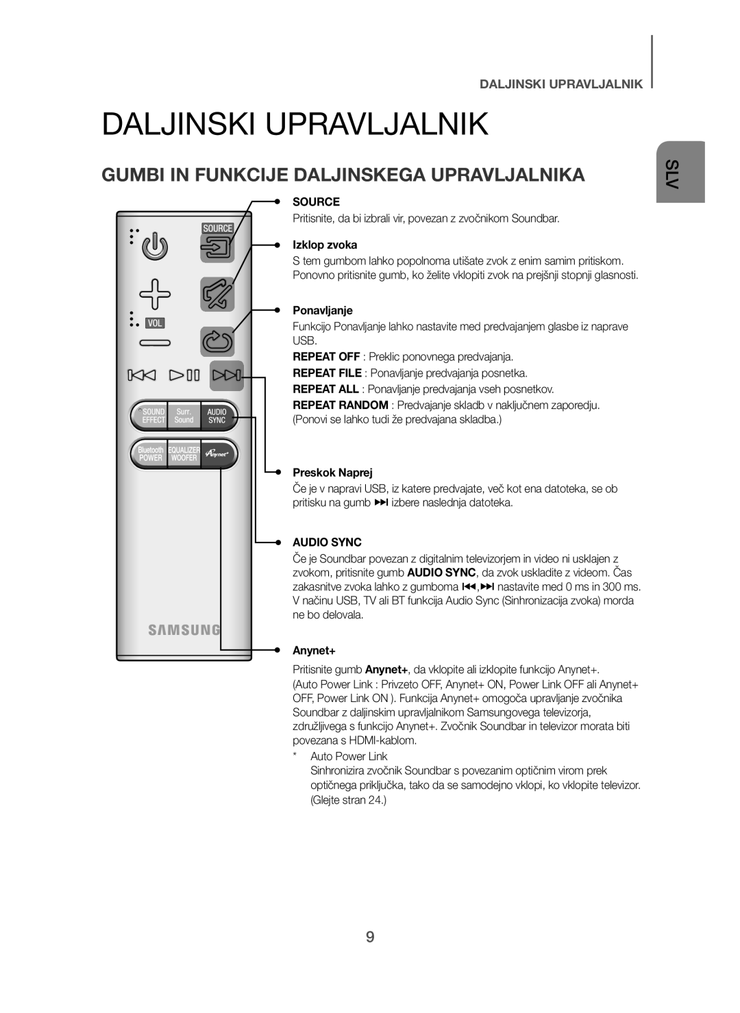 Samsung HW-H7500/EN manual Daljinski Upravljalnik, Gumbi in Funkcije Daljinskega Upravljalnika, Izklop zvoka, Ponavljanje 