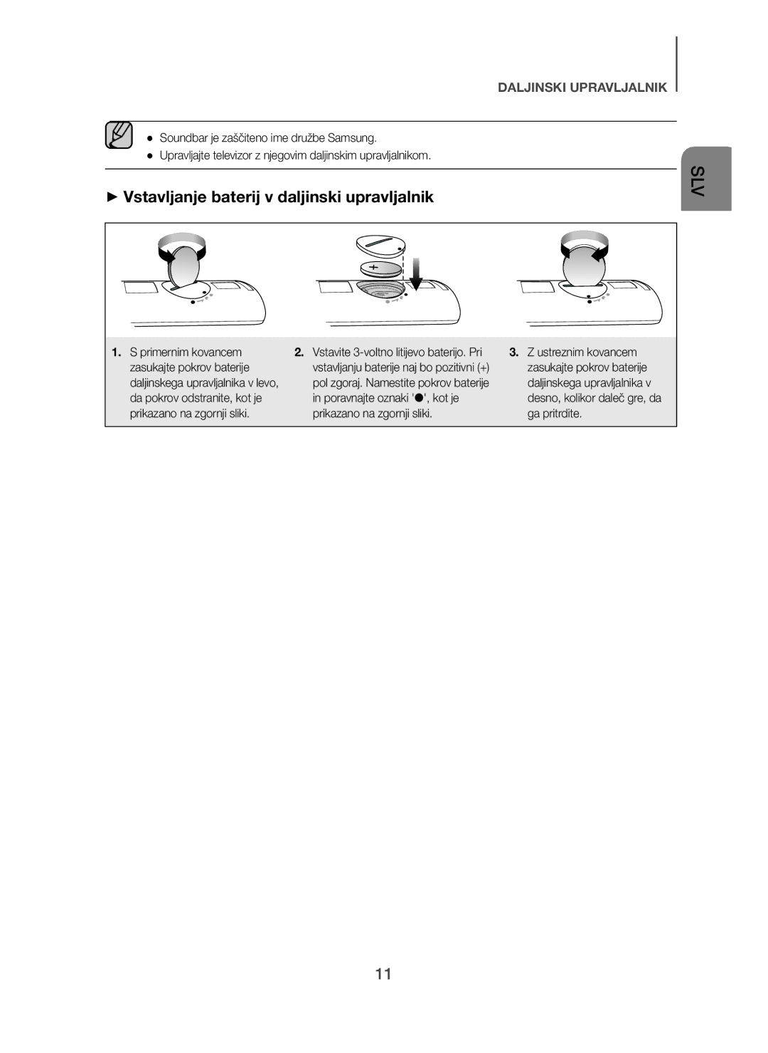 Samsung HW-H7500/TK, HW-H7500/EN, HW-H7501/EN, HW-H7501/ZF, HW-H7500/ZF manual + Vstavljanje baterij v daljinski upravljalnik 