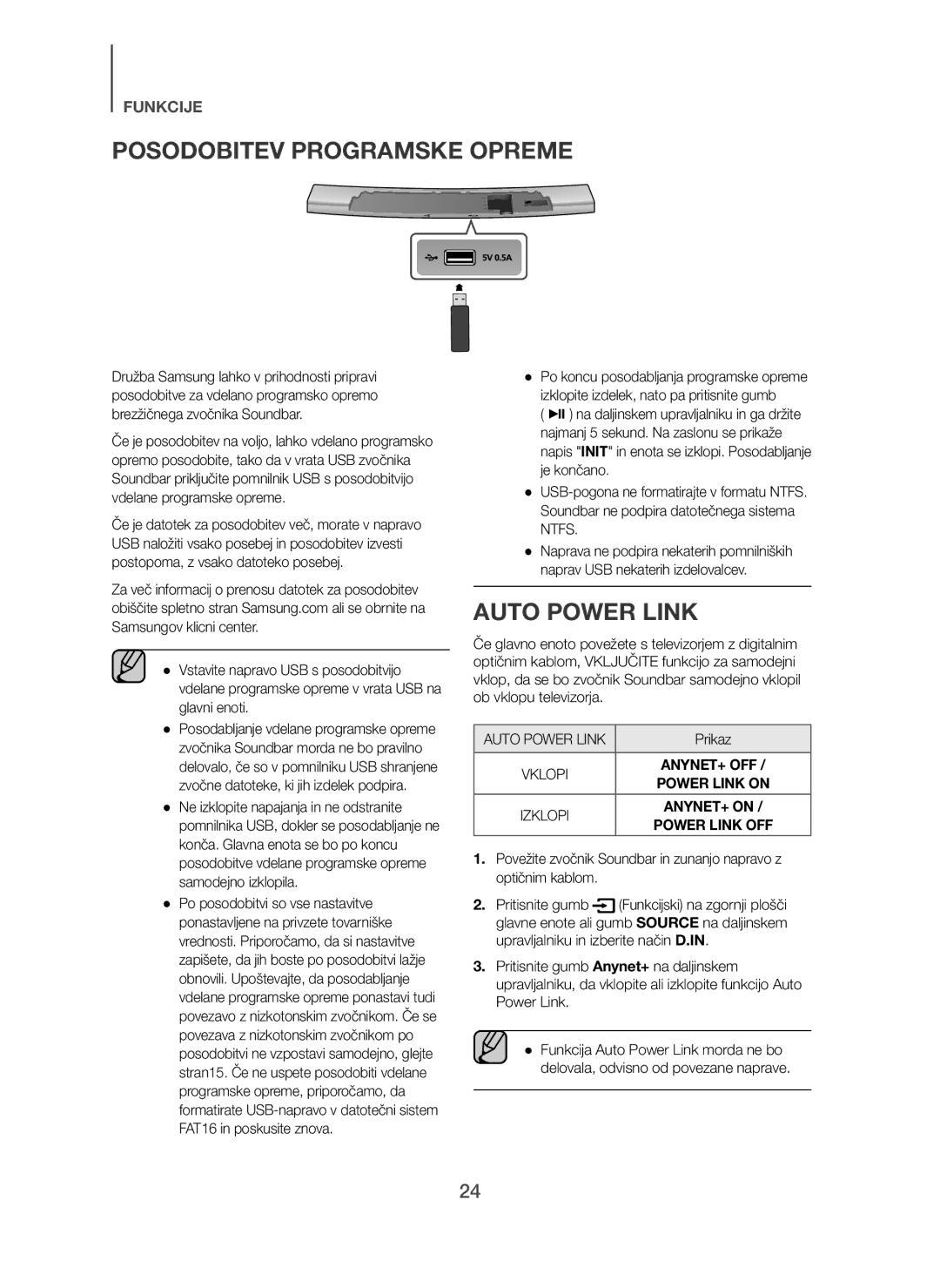 Samsung HW-H7501/XN, HW-H7500/EN, HW-H7501/EN, HW-H7500/TK, HW-H7501/ZF manual Posodobitev Programske Opreme, Auto Power Link 