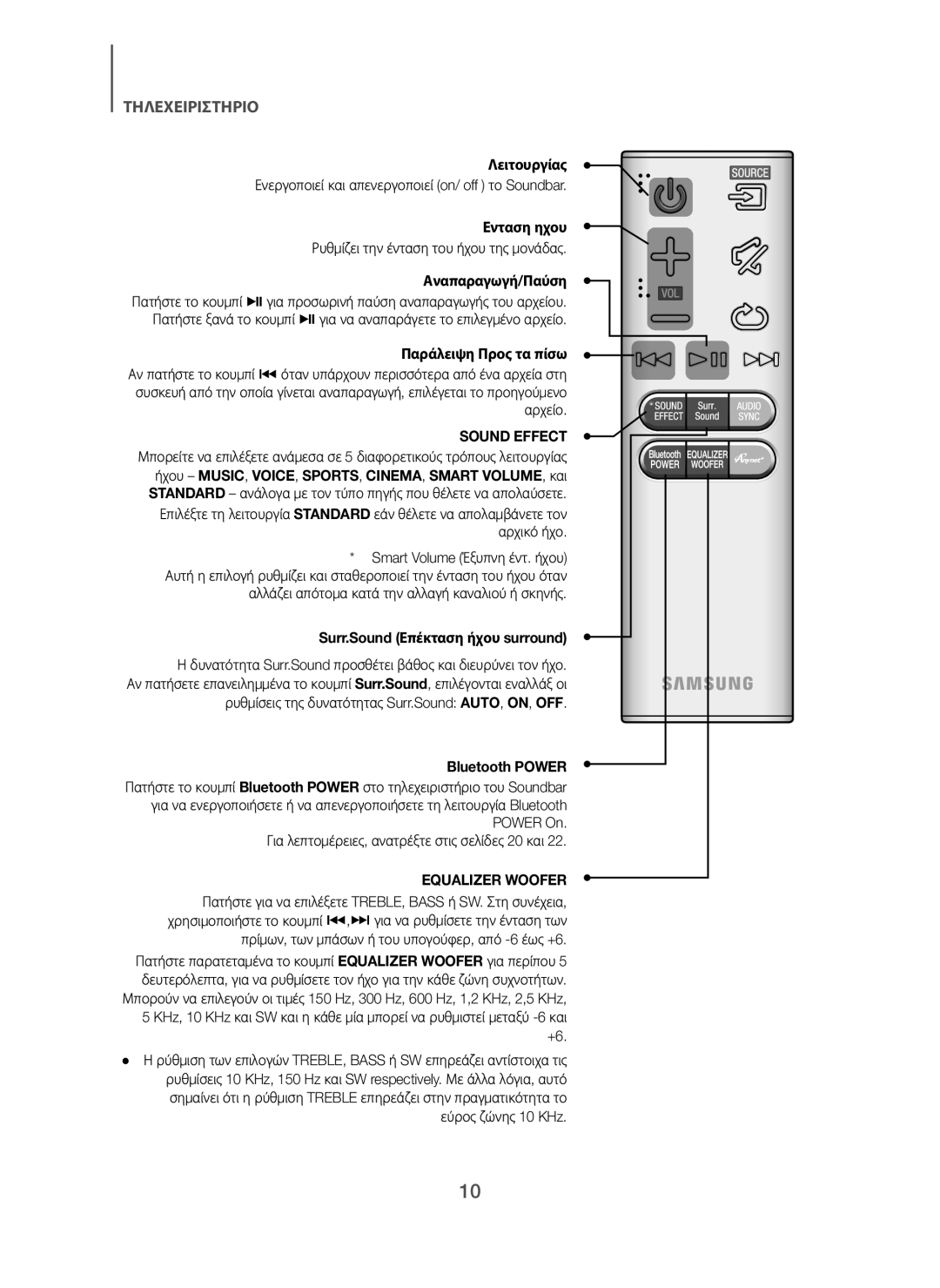 Samsung HW-H7501/EN Λειτουργίας, Ενταση ηχου, Αναπαραγωγή/Παύση, Παράλειψη Προς τα πίσω, Surr.Sound Επέκταση ήχου surround 