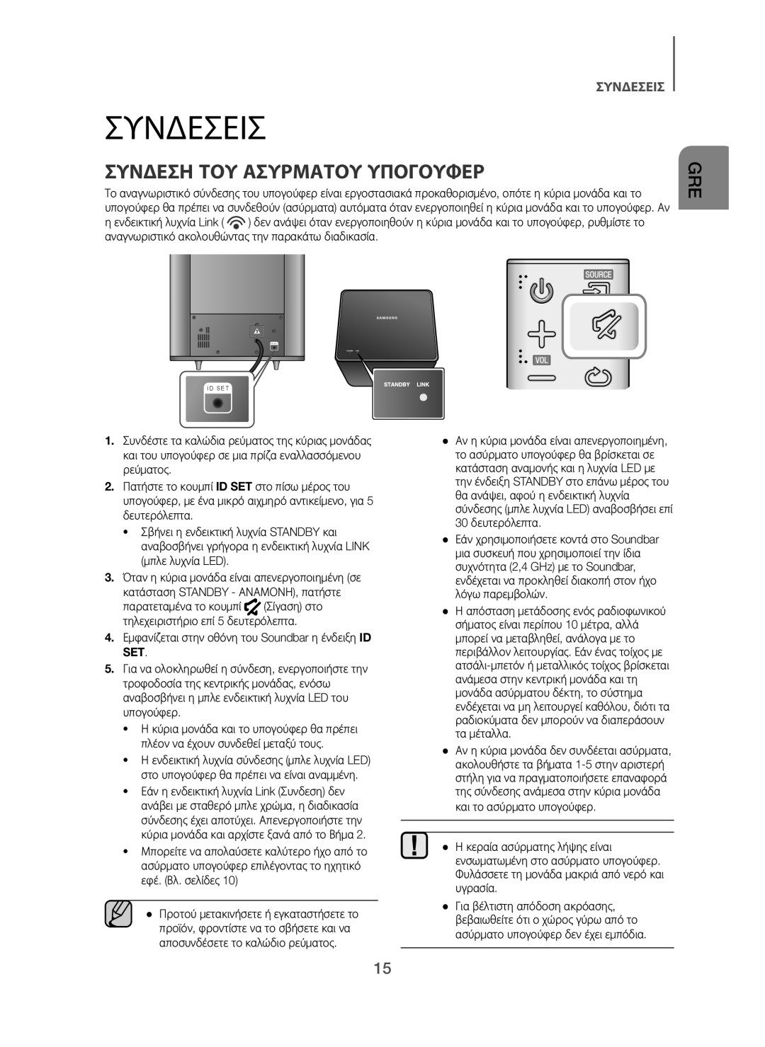 Samsung HW-H7501/XN, HW-H7500/EN, HW-H7501/EN manual Συνδεσεισ, Συνδεση ΤΟΥ Ασυρματου Υπογουφερ, Ενδεικτική λυχνία Link 