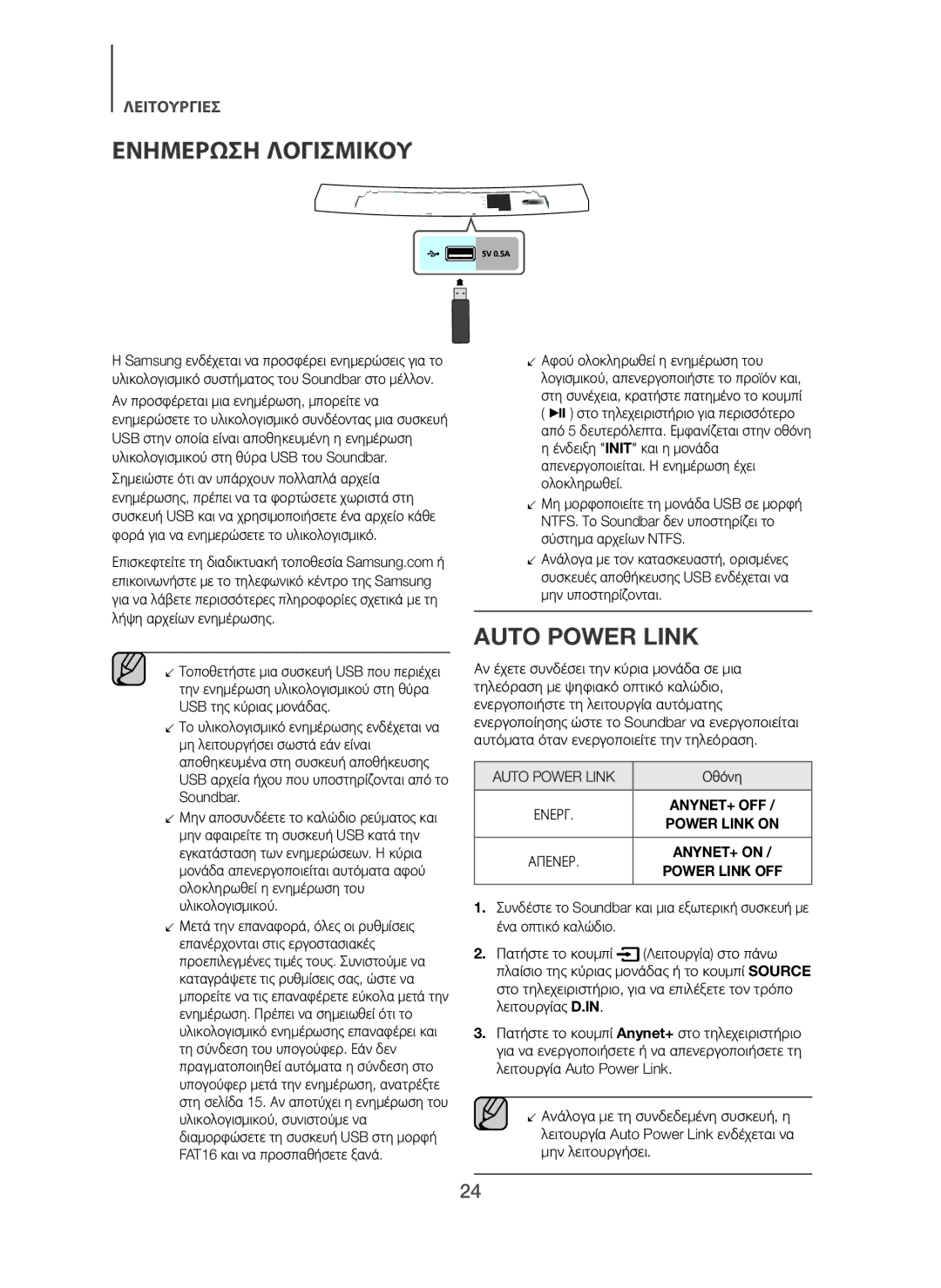 Samsung HW-H7501/XN, HW-H7500/EN, HW-H7501/EN, HW-H7500/TK, HW-H7501/ZF, HW-H7500/ZF Ενημερωση Λογισμικου, Auto Power Link 