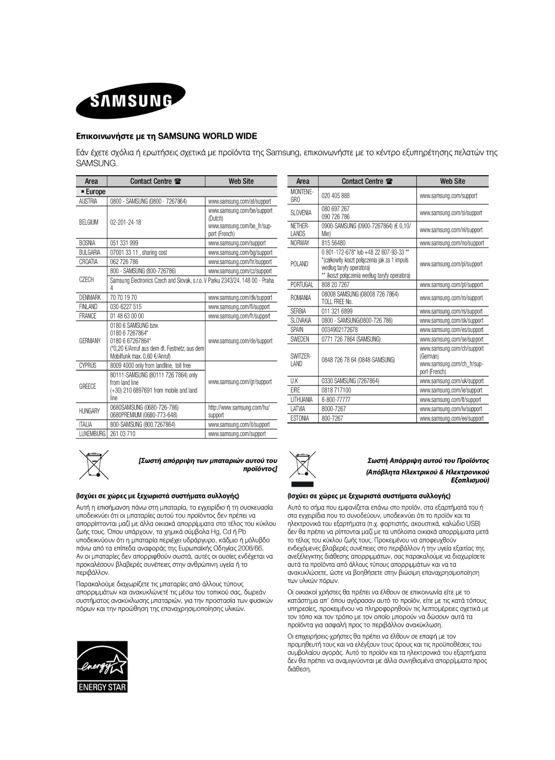 Samsung HW-H7500/EN, HW-H7501/EN, HW-H7500/TK, HW-H7501/ZF, HW-H7500/ZF, HW-H7500/XN Επικοινωνήστε με τη Samsung World Wide 