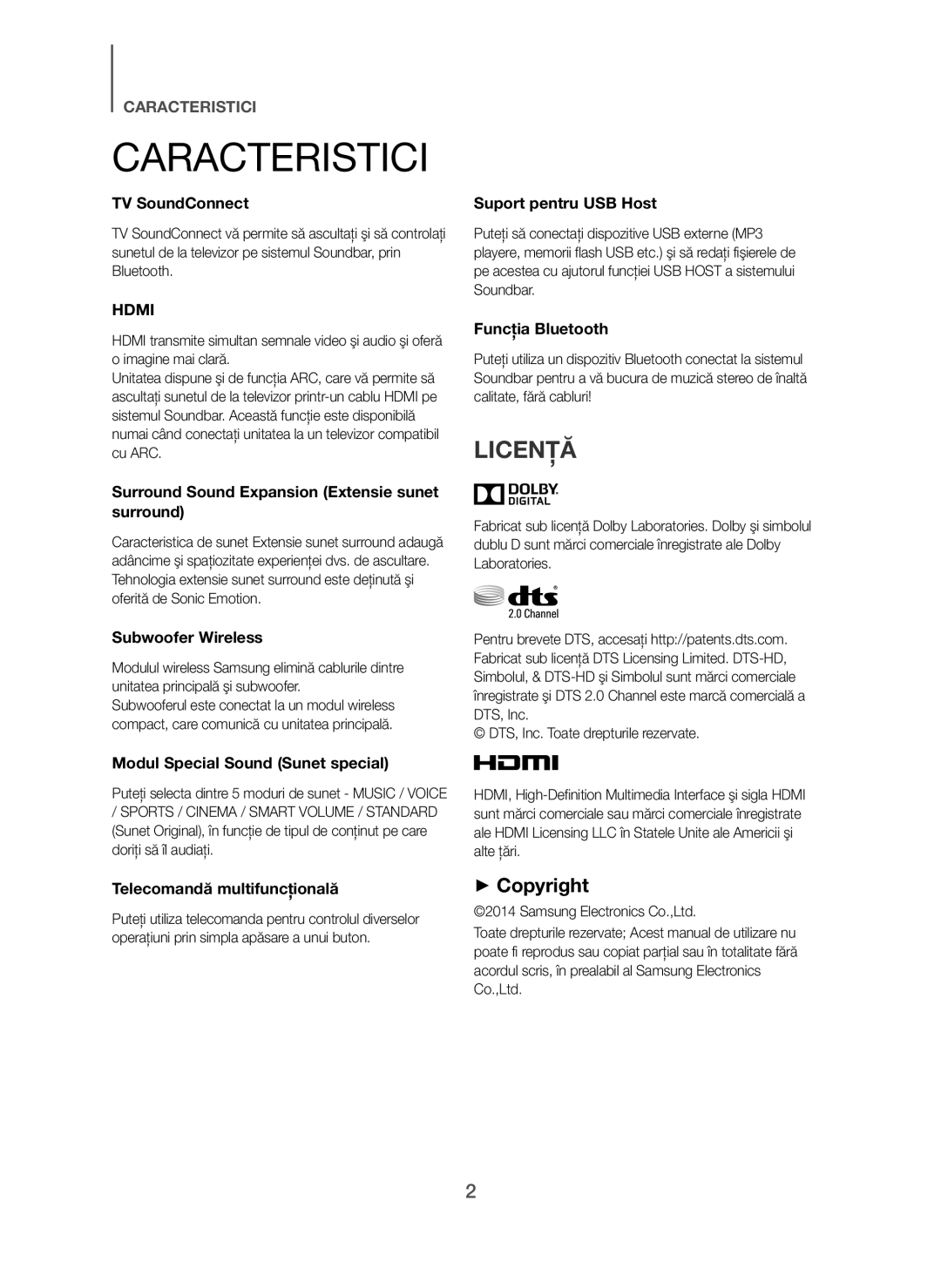 Samsung HW-H7500/TK, HW-H7500/EN, HW-H7501/EN, HW-H7501/ZF Caracteristici, Licenţă, DTS, Inc. Toate drepturile rezervate 