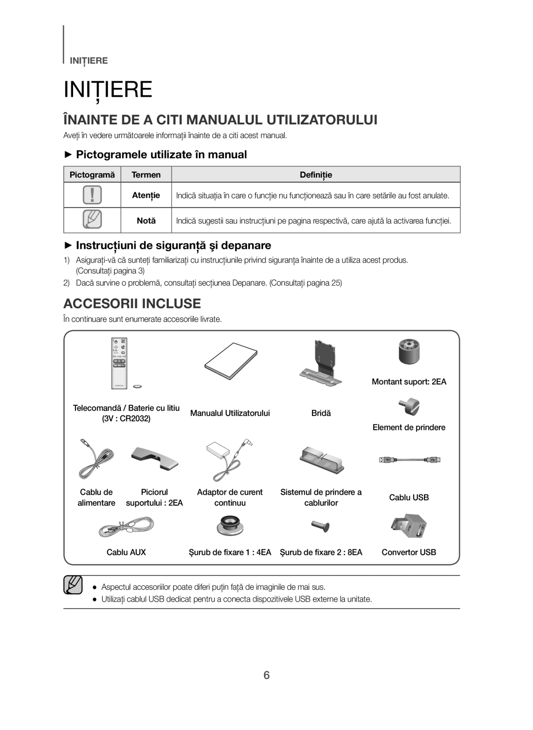 Samsung HW-H7501/XN, HW-H7500/EN, HW-H7501/EN manual Iniţiere, Înainte DE a Citi Manualul Utilizatorului, Accesorii Incluse 