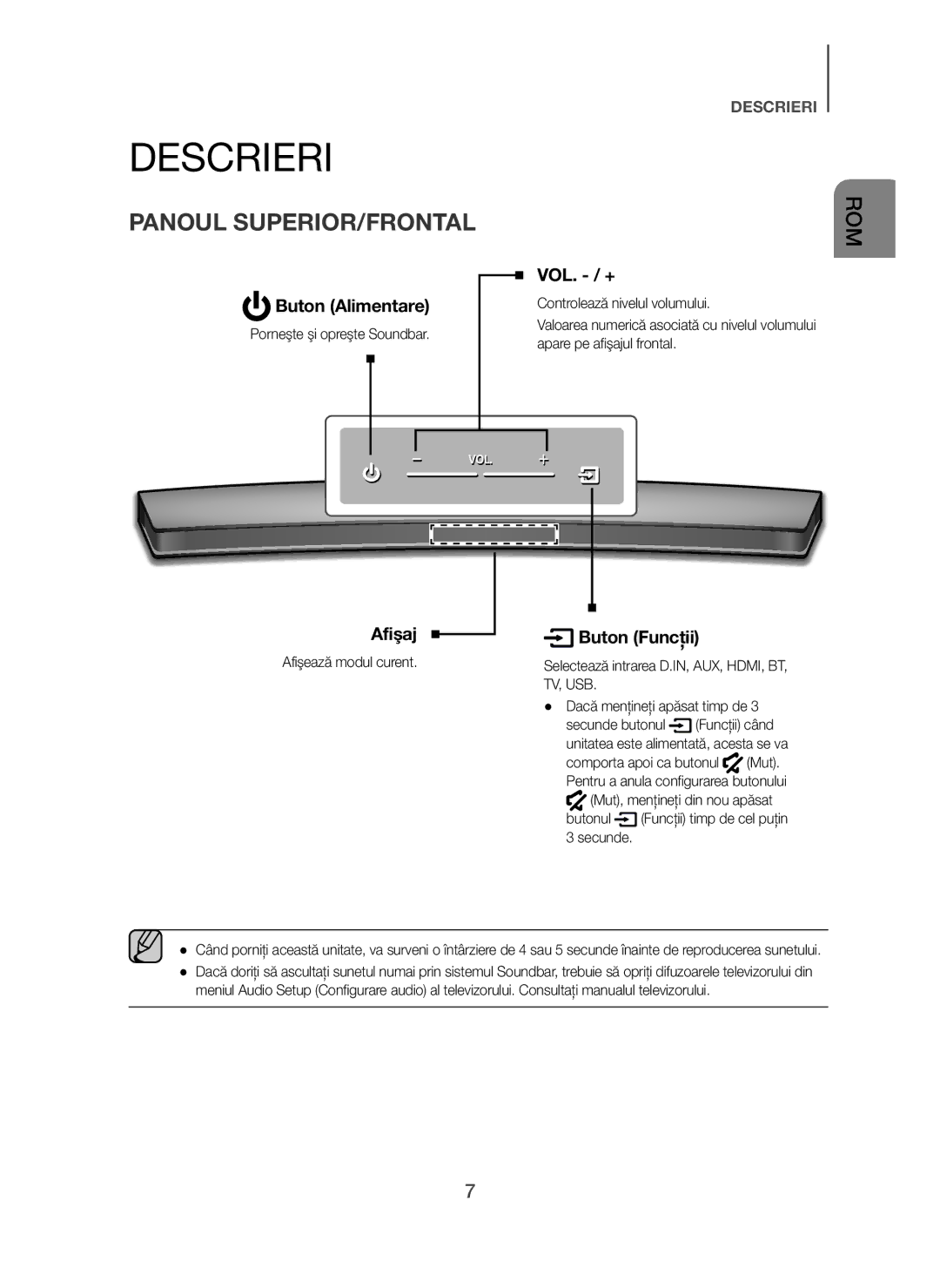 Samsung HW-H7500/XE, HW-H7500/EN, HW-H7501/EN Descrieri, Panoul SUPERIOR/FRONTAL, Buton Alimentare, Afişaj Buton Funcţii 