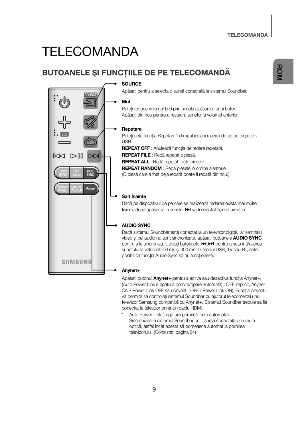 Samsung HW-H7500/EN, HW-H7501/EN manual Telecomanda, Butoanele ŞI Funcţiile DE PE Telecomandă, Mut, Repetare, Salt Înainte 