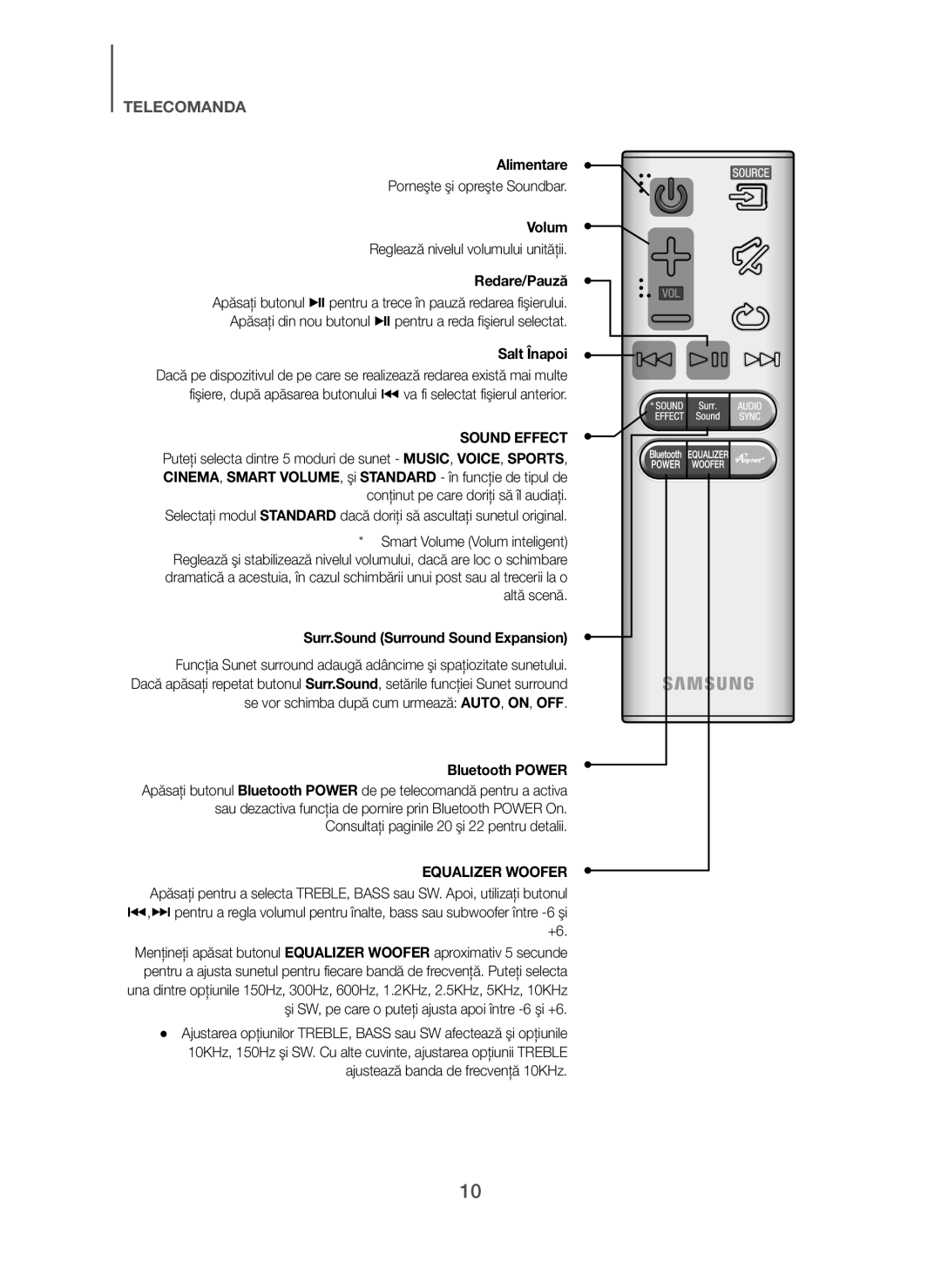 Samsung HW-H7501/EN, HW-H7500/EN, HW-H7500/TK, HW-H7501/ZF, HW-H7500/ZF manual Alimentare, Volum, Redare/Pauză, Salt Înapoi 