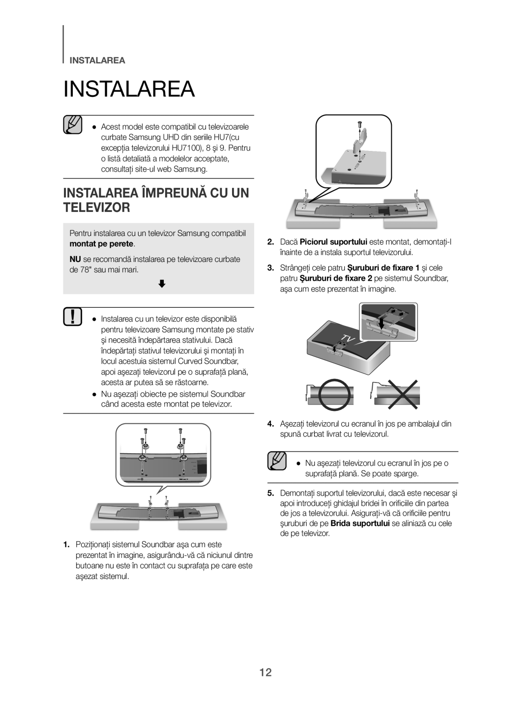 Samsung HW-H7501/ZF, HW-H7500/EN, HW-H7501/EN, HW-H7500/TK manual Instalarea Împreună CU UN Televizor, Montat pe perete 