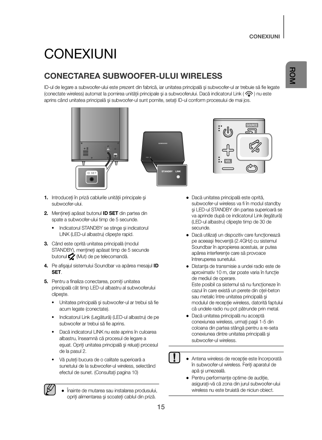 Samsung HW-H7501/XN, HW-H7500/EN, HW-H7501/EN, HW-H7500/TK, HW-H7501/ZF manual Conexiuni, Conectarea SUBWOOFER-ULUI Wireless 