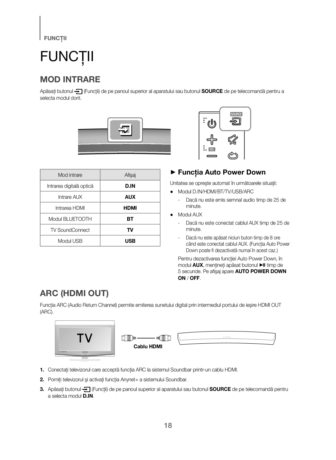 Samsung HW-H7500/EN Funcţii, + Funcţia Auto Power Down, Secunde. Pe afişaj apare Auto Power Down on / OFF, Cablu Hdmi 