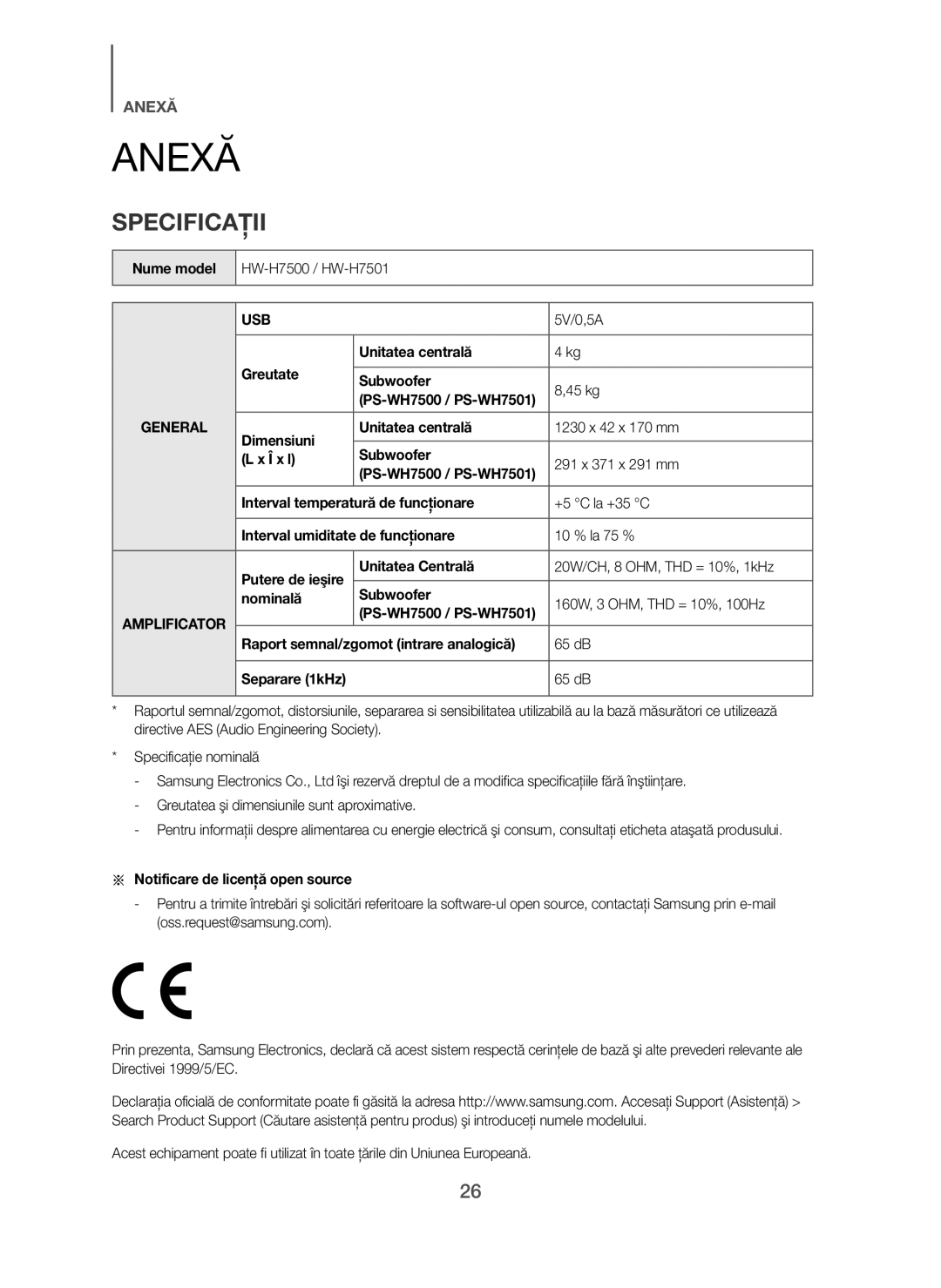 Samsung HW-H7501/XE, HW-H7500/EN, HW-H7501/EN, HW-H7500/TK, HW-H7501/ZF, HW-H7500/ZF, HW-H7500/XN manual Anexă, Specificaţii 