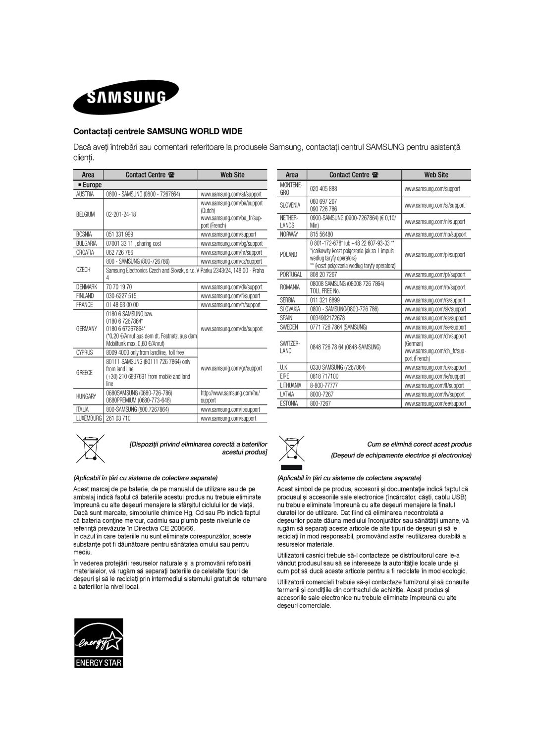 Samsung HW-H7500/EN, HW-H7501/EN, HW-H7500/TK, HW-H7501/ZF, HW-H7500/ZF manual Contactaţi centrele Samsung World Wide, Clienţi 