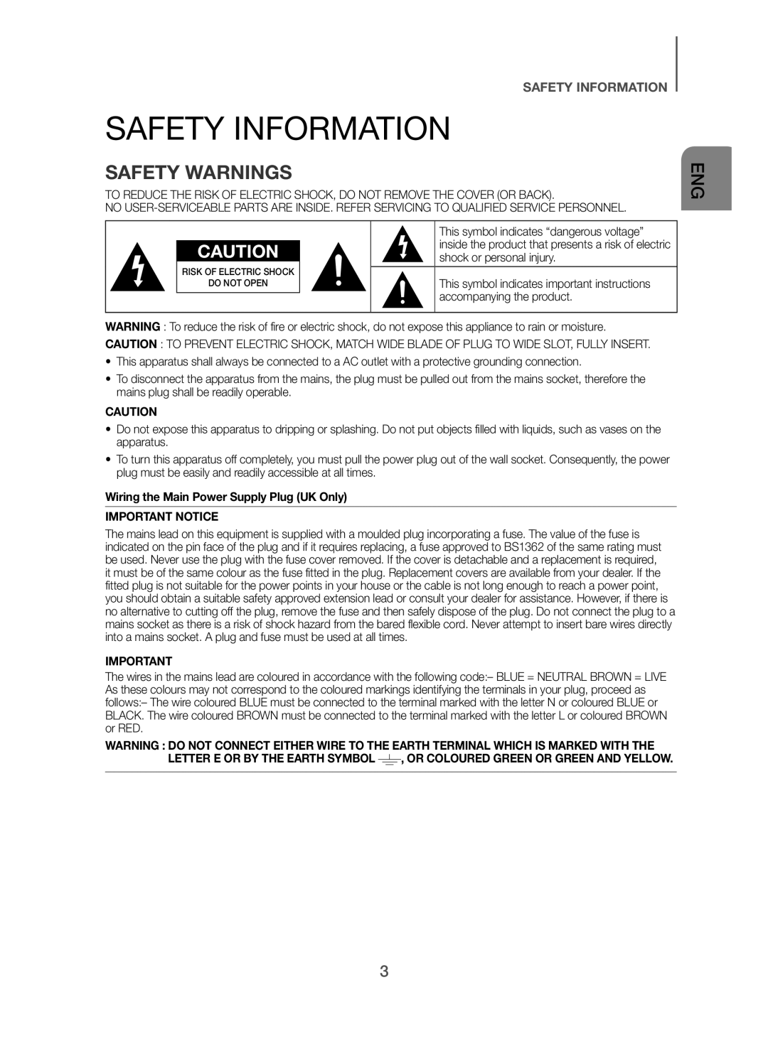 Samsung HW-H7501/ZF manual Safety Information, Safety Warnings, Wiring the Main Power Supply Plug UK Only, Important Notice 