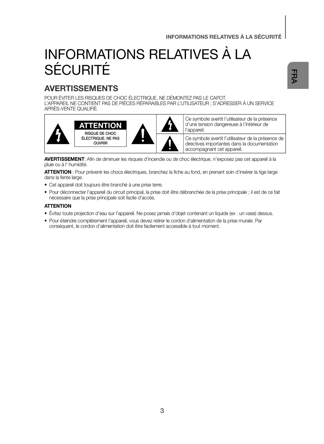 Samsung HW-H7501/ZF manual Informations Relatives À LA Sécurité, Avertissements, ’une tension dangereuse à l’intérieur de 