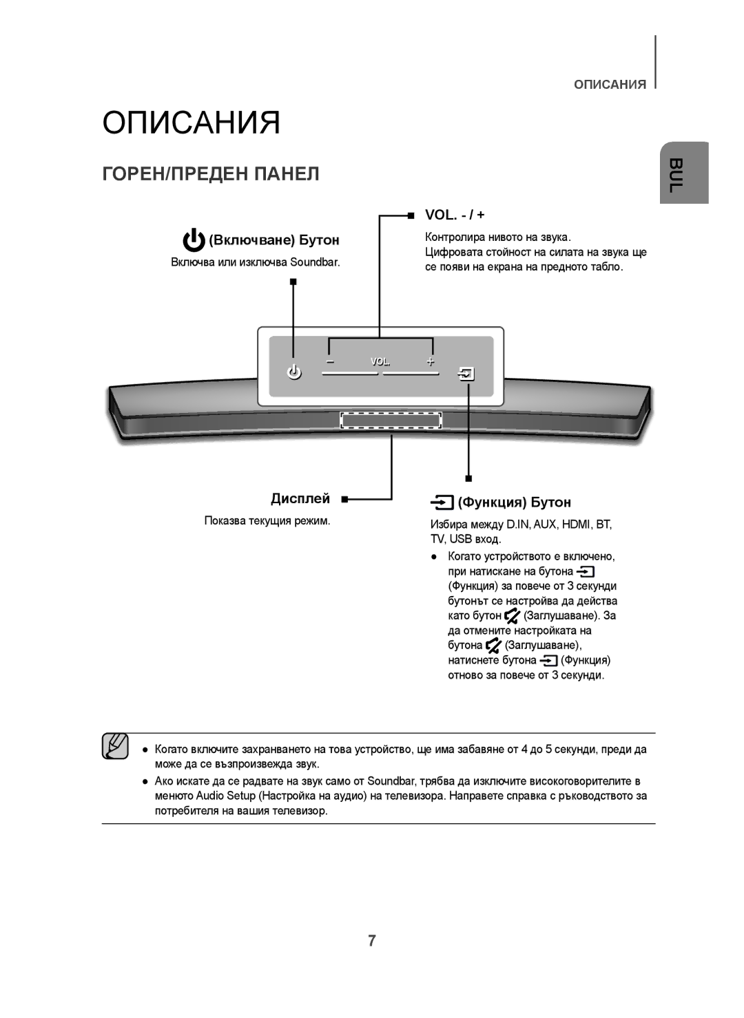 Samsung HW-H7500/XE, HW-H7500/EN, HW-H7501/EN manual Описания, ГОРЕН/ПРЕДЕН Панел, Включване Бутон, Дисплей, Функция Бутон 