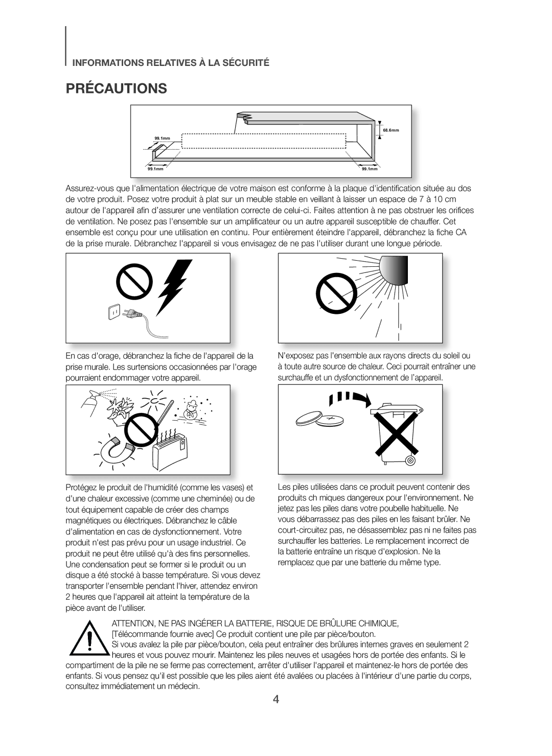 Samsung HW-H7500/ZF, HW-H7500/EN, HW-H7501/EN manual Précautions, Nexposez pas lensemble aux rayons directs du soleil ou 