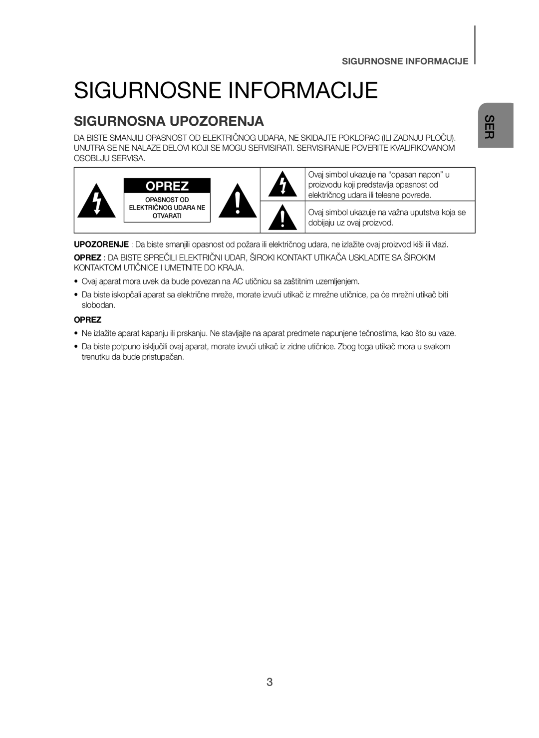 Samsung HW-H7501/ZF, HW-H7500/EN, HW-H7501/EN, HW-H7500/TK, HW-H7500/ZF Sigurnosne Informacije, Sigurnosna Upozorenja, Oprez 