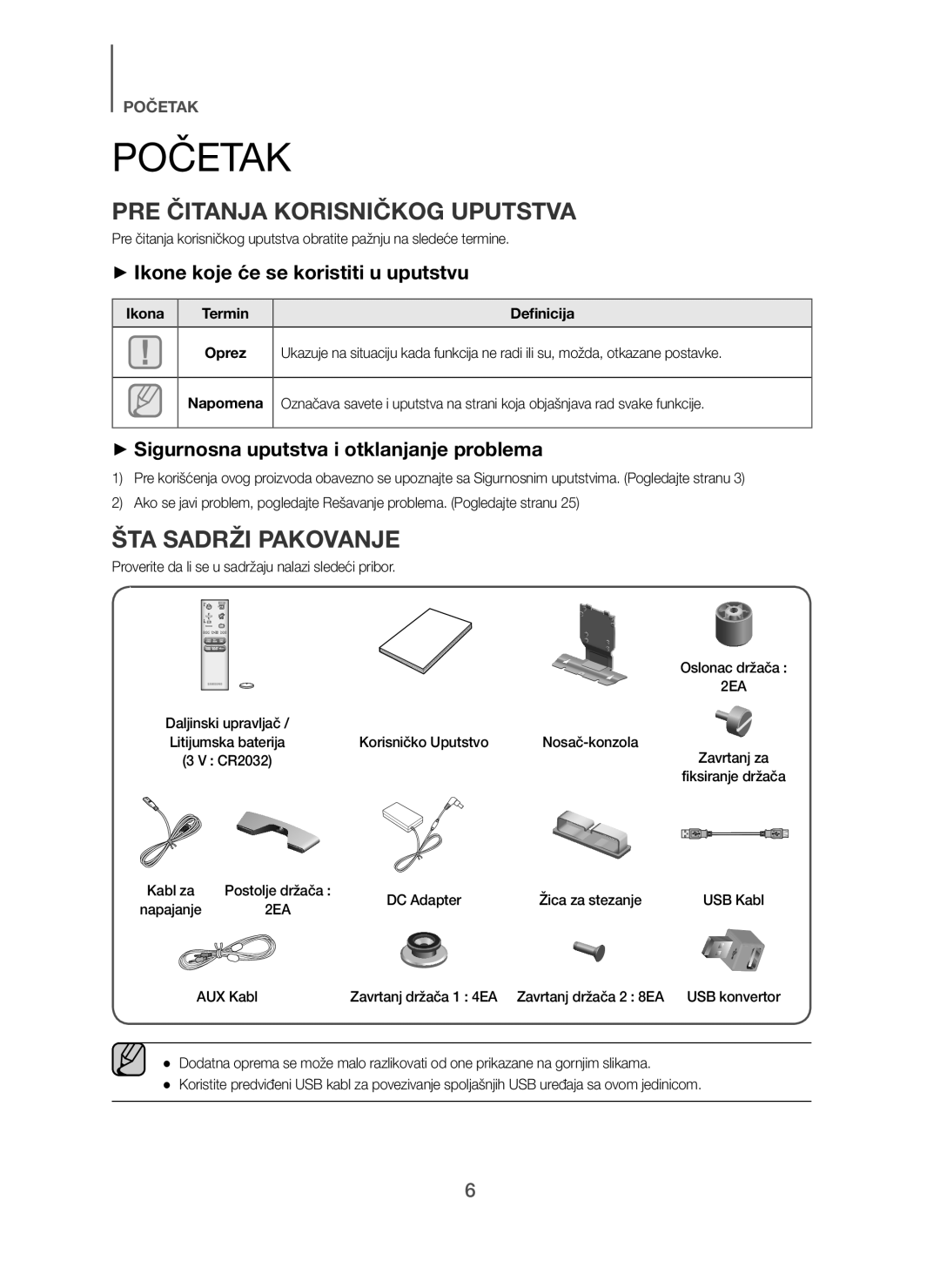 Samsung HW-H7501/XN, HW-H7500/EN, HW-H7501/EN, HW-H7500/TK Početak, PRE Čitanja Korisničkog Uputstva, ŠTA Sadrži Pakovanje 