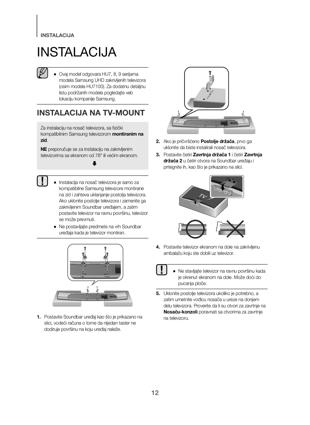 Samsung HW-H7501/ZF, HW-H7500/EN, HW-H7501/EN, HW-H7500/TK, HW-H7500/ZF, HW-H7500/XN manual Instalacija NA TV-MOUNT, Zid 