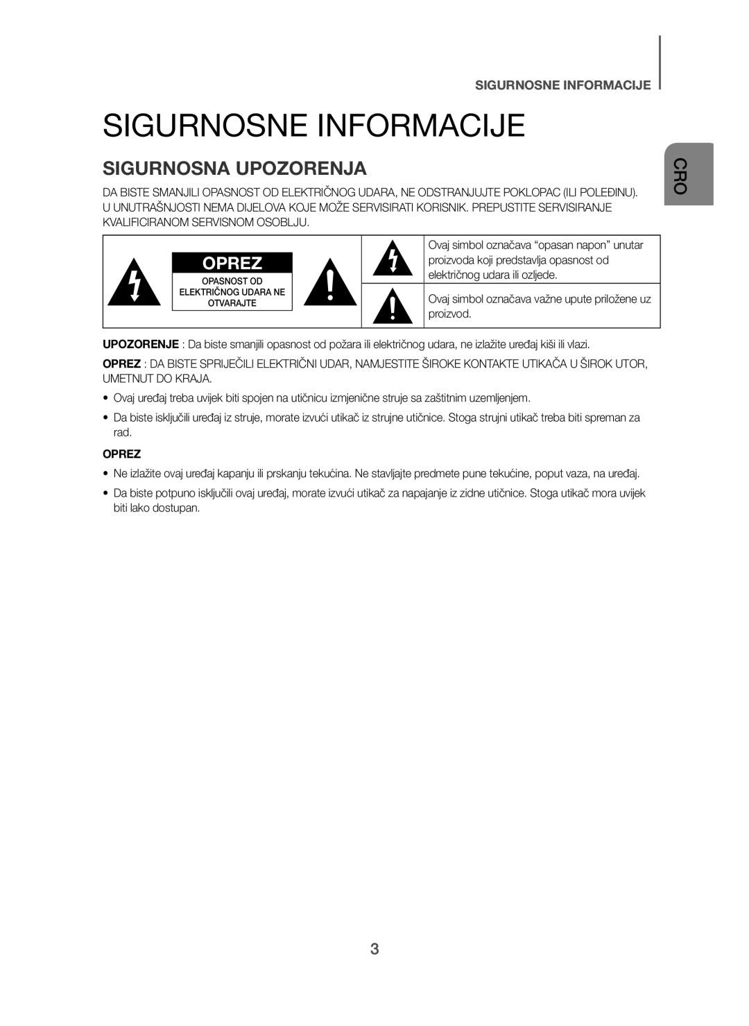 Samsung HW-H7501/ZF, HW-H7500/EN, HW-H7501/EN manual Proizvoda koji predstavlja opasnost od, Električnog udara ili ozljede 