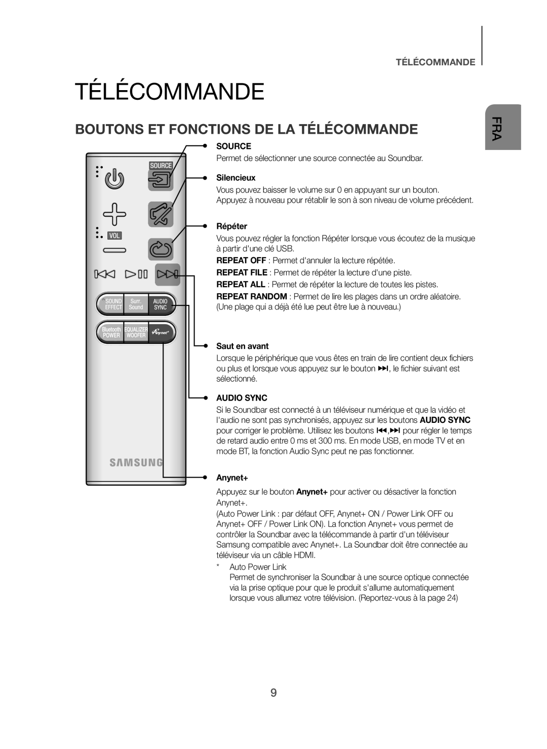 Samsung HW-H7500/EN, HW-H7501/EN manual Boutons ET Fonctions DE LA Télécommande, Silencieux, Répéter, Saut en avant 