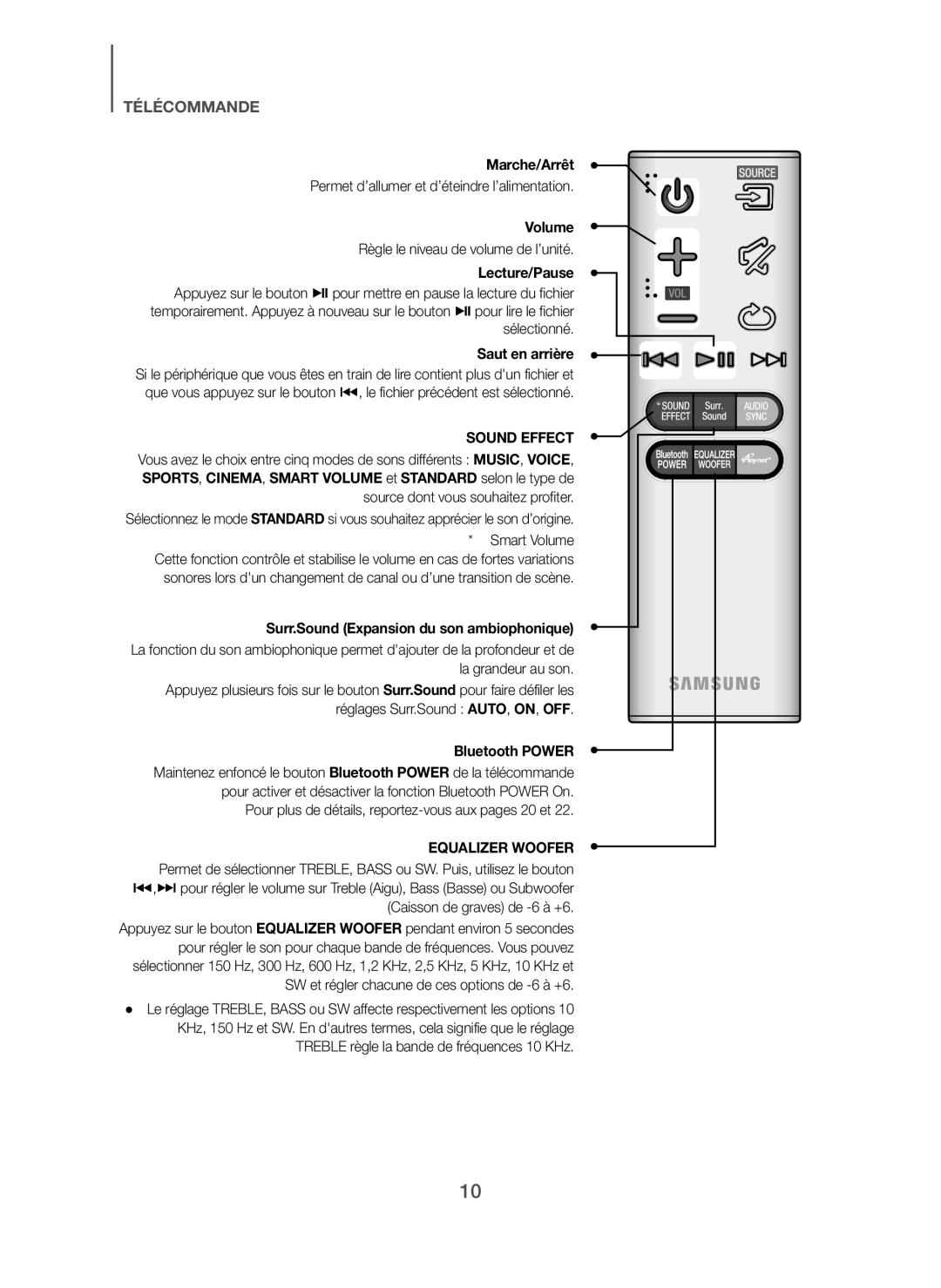 Samsung HW-H7501/EN, HW-H7500/EN Marche/Arrêt, Lecture/Pause, Saut en arrière, Surr.Sound Expansion du son ambiophonique 