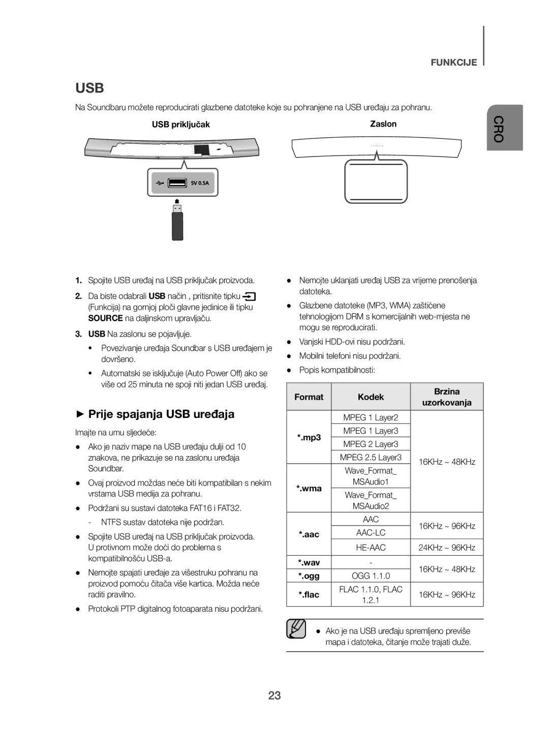 Samsung HW-H7500/XN, HW-H7500/EN, HW-H7501/EN, HW-H7500/TK, HW-H7501/ZF, HW-H7500/ZF manual Usb, + Prije spajanja USB uređaja 