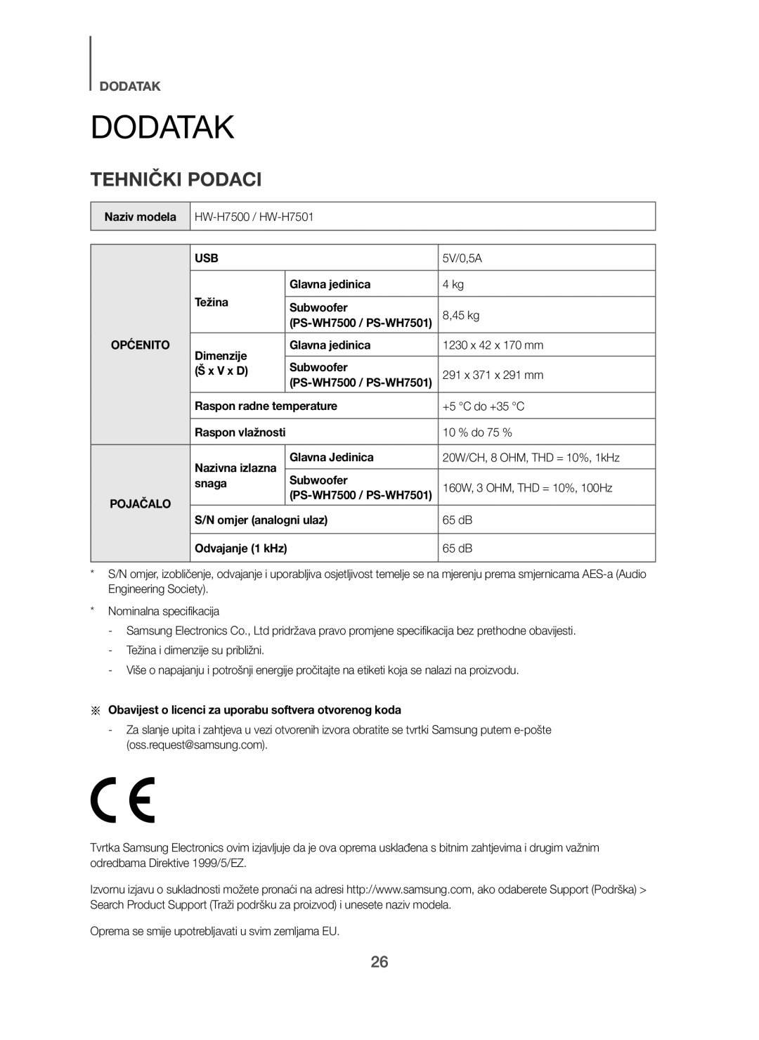 Samsung HW-H7501/XE, HW-H7500/EN, HW-H7501/EN, HW-H7500/TK, HW-H7501/ZF, HW-H7500/ZF manual Tehnički Podaci, Općenito, Pojačalo 