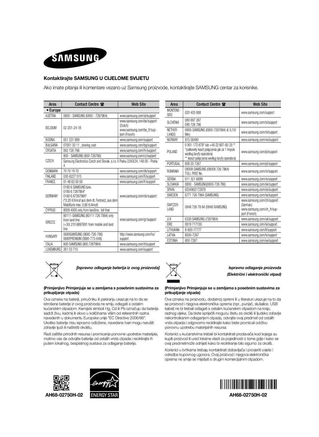 Samsung HW-H7500/EN, HW-H7501/EN, HW-H7500/TK, HW-H7501/ZF manual Kontaktirajte Samsung U Cijelome Svijetu, AH68-02750H-02 