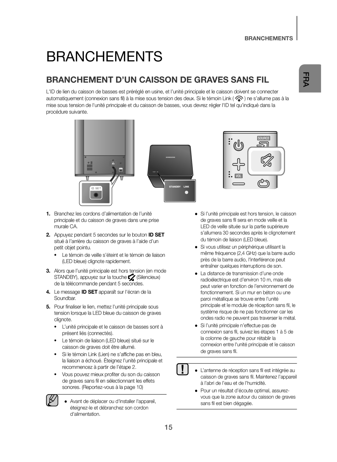 Samsung HW-H7501/XN, HW-H7500/EN, HW-H7501/EN, HW-H7500/TK manual Branchements, Branchement D’UN Caisson DE Graves Sans FIL 