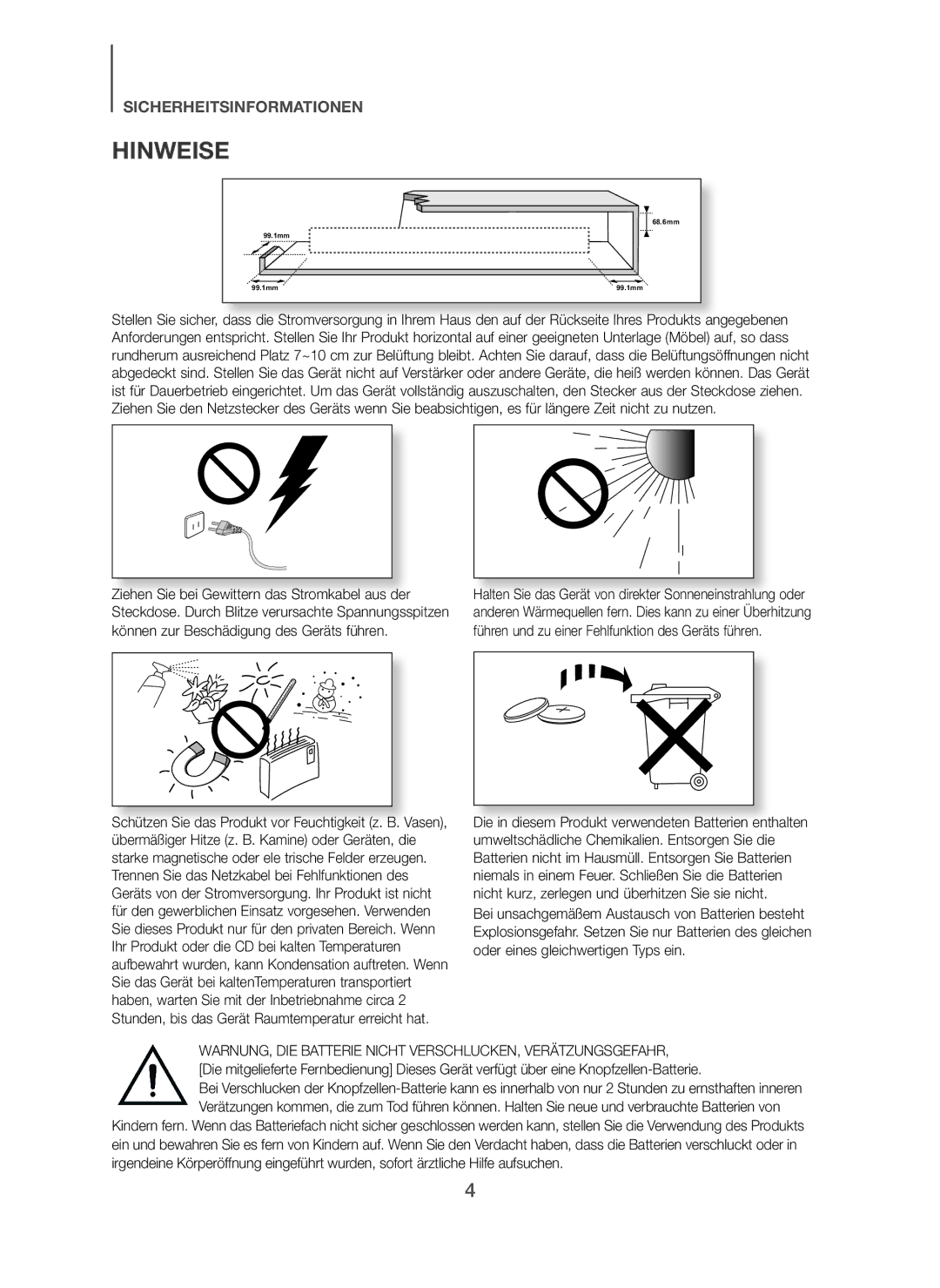 Samsung HW-H7500/ZF, HW-H7500/EN, HW-H7501/EN manual Hinweise, WARNUNG, DIE Batterie Nicht VERSCHLUCKEN, Verätzungsgefahr 