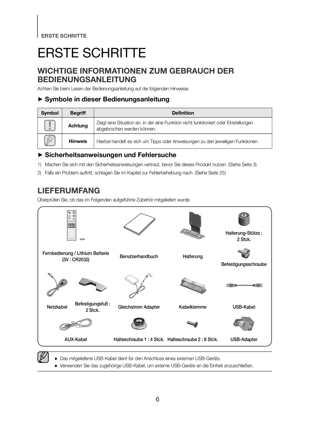 Samsung HW-H7501/XN, HW-H7500/EN Erste Schritte, Wichtige Informationen ZUM Gebrauch DER Bedienungsanleitung, Lieferumfang 