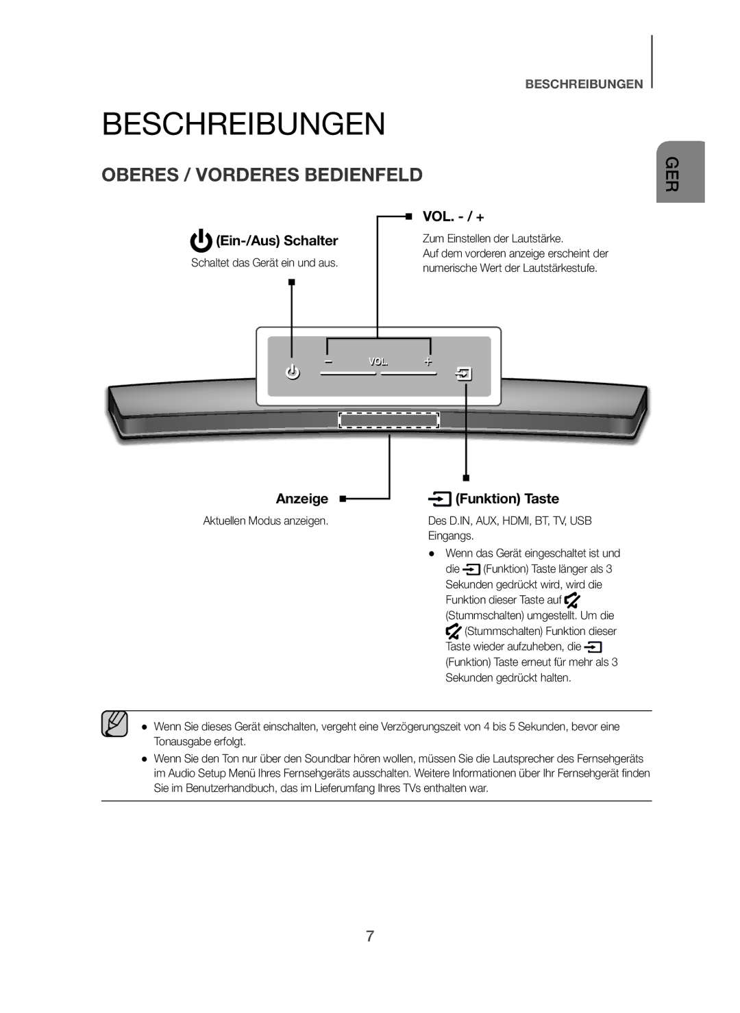 Samsung HW-H7500/XE manual Beschreibungen, Oberes / Vorderes Bedienfeld, Ein-/Aus Schalter VOL. / +, Anzeige Funktion Taste 